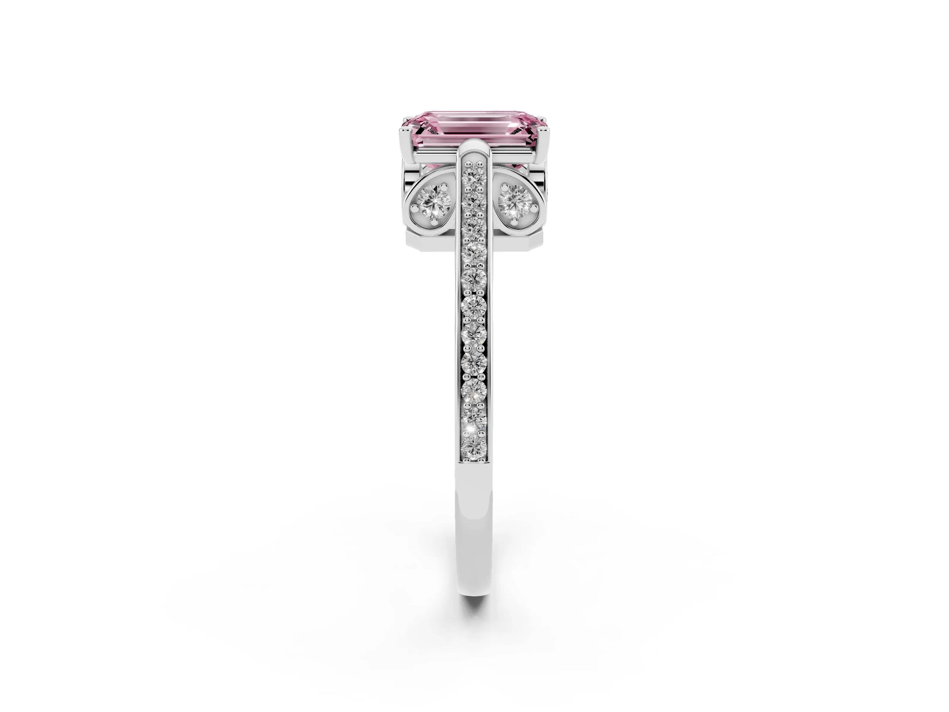 Fancy Pink Emerald Cut Diamond Cathedral Pavé Engagement Ring Set in Silver with Prong Setting