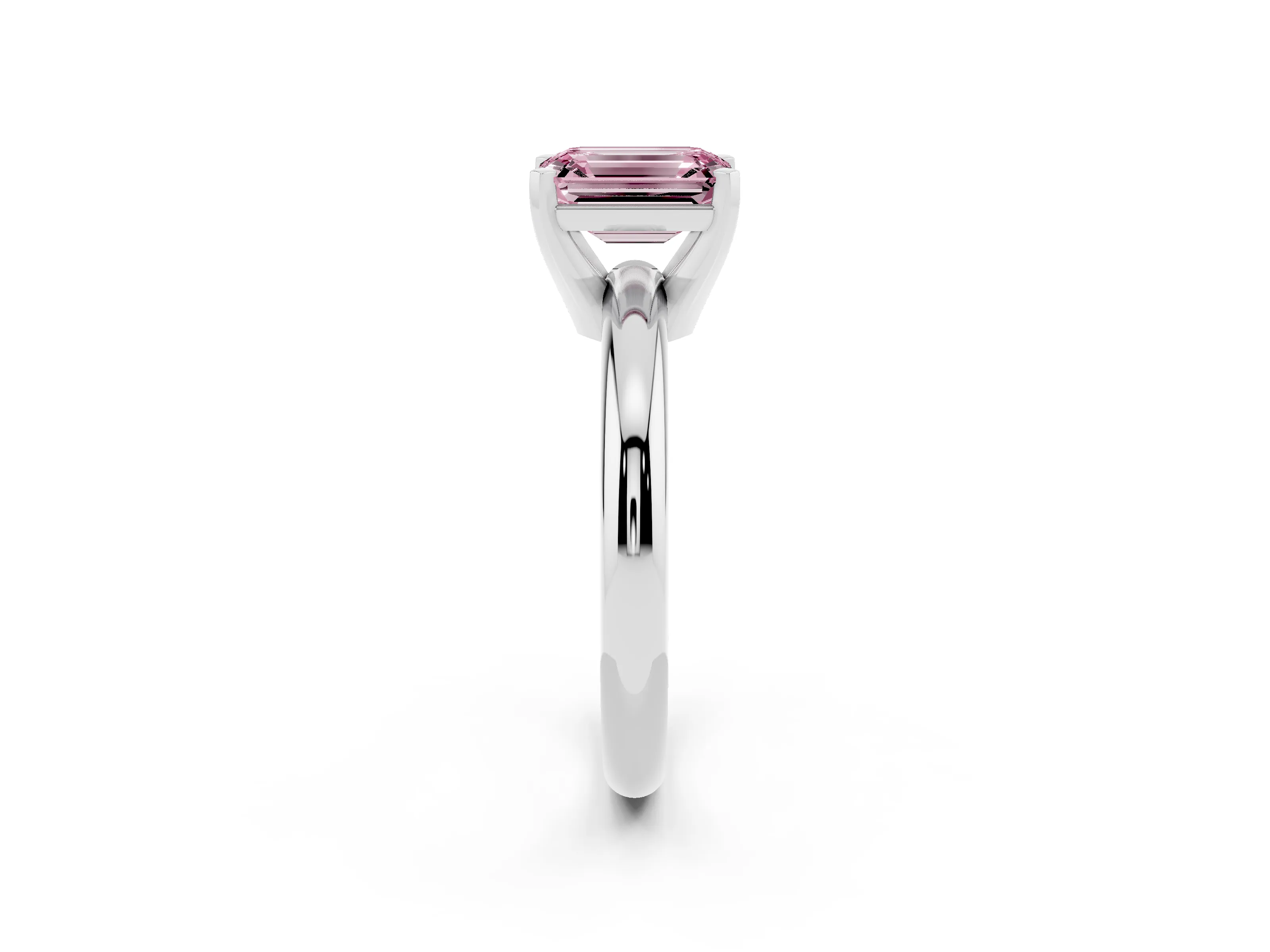 Fancy Pink Emerald Cut Diamond Solitaire Engagement Ring Set in Platinum with Round Band and Prong Setting