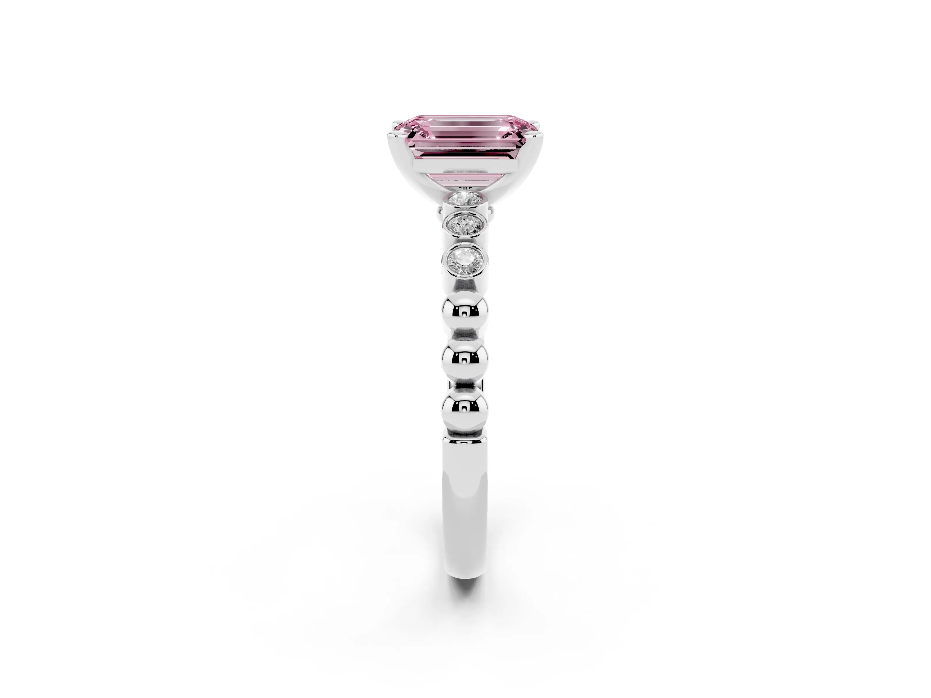 Fancy Pink Emerald Cut Diamond Solitaire Engagement Ring Set in Silver with Bezel Accents on Beaded Band