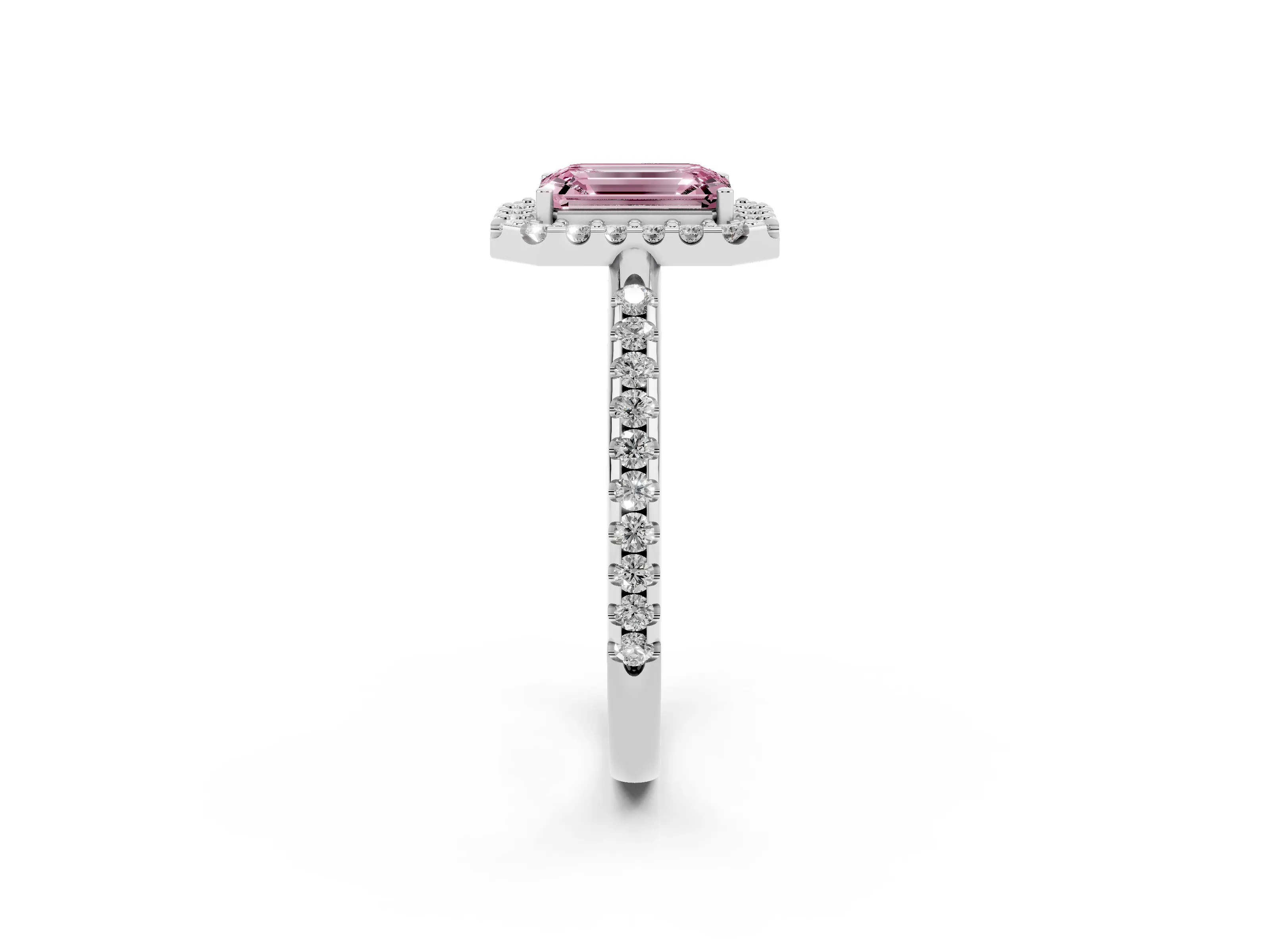 Fancy Pink Emerald Cut Diamond Pavé Halo Ring Set in Silver with Prong Setting