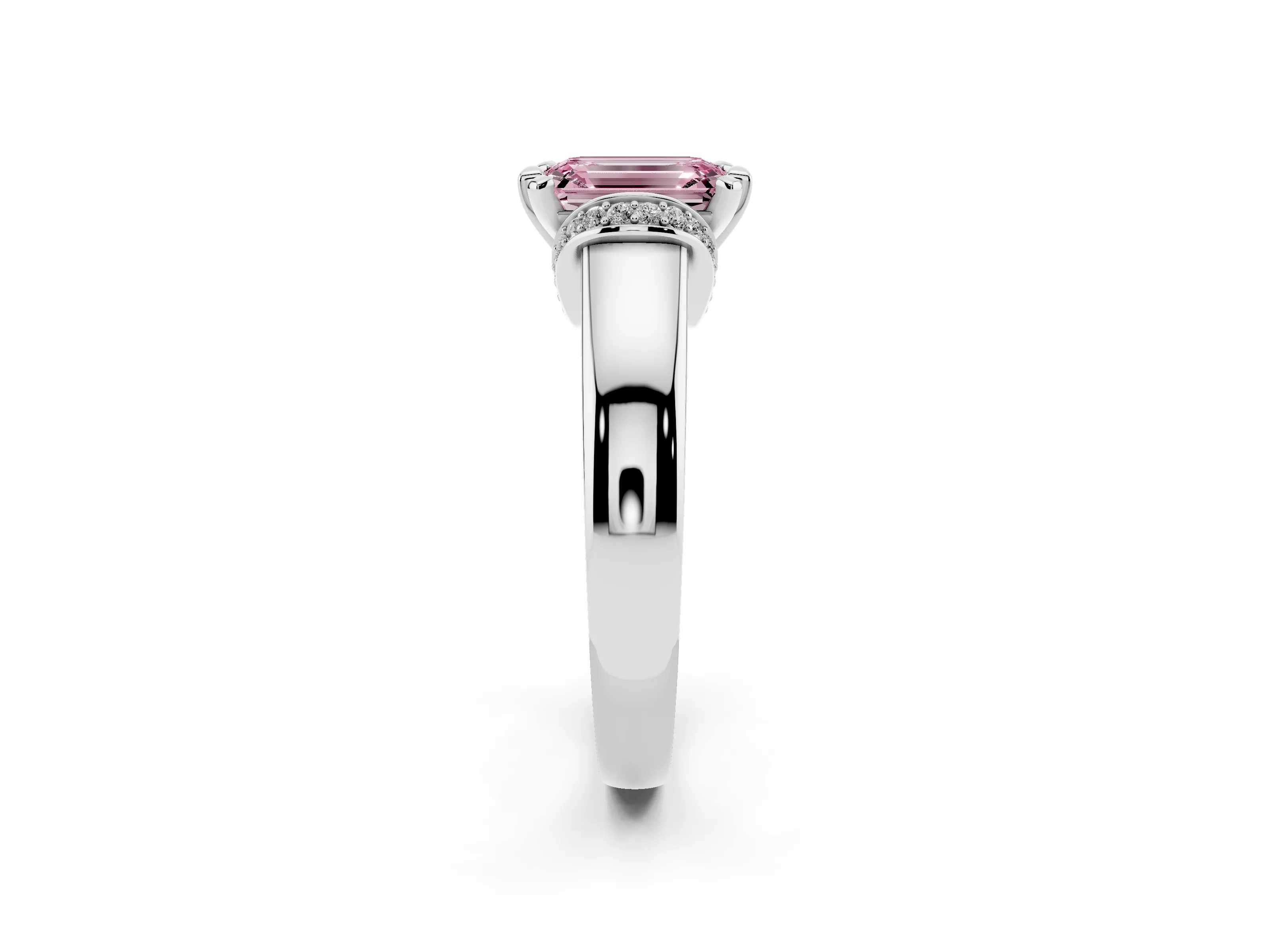 Fancy Pink Emerald Cut Diamond Pavé Band Solitaire Ring Set in White gold with Prong Setting