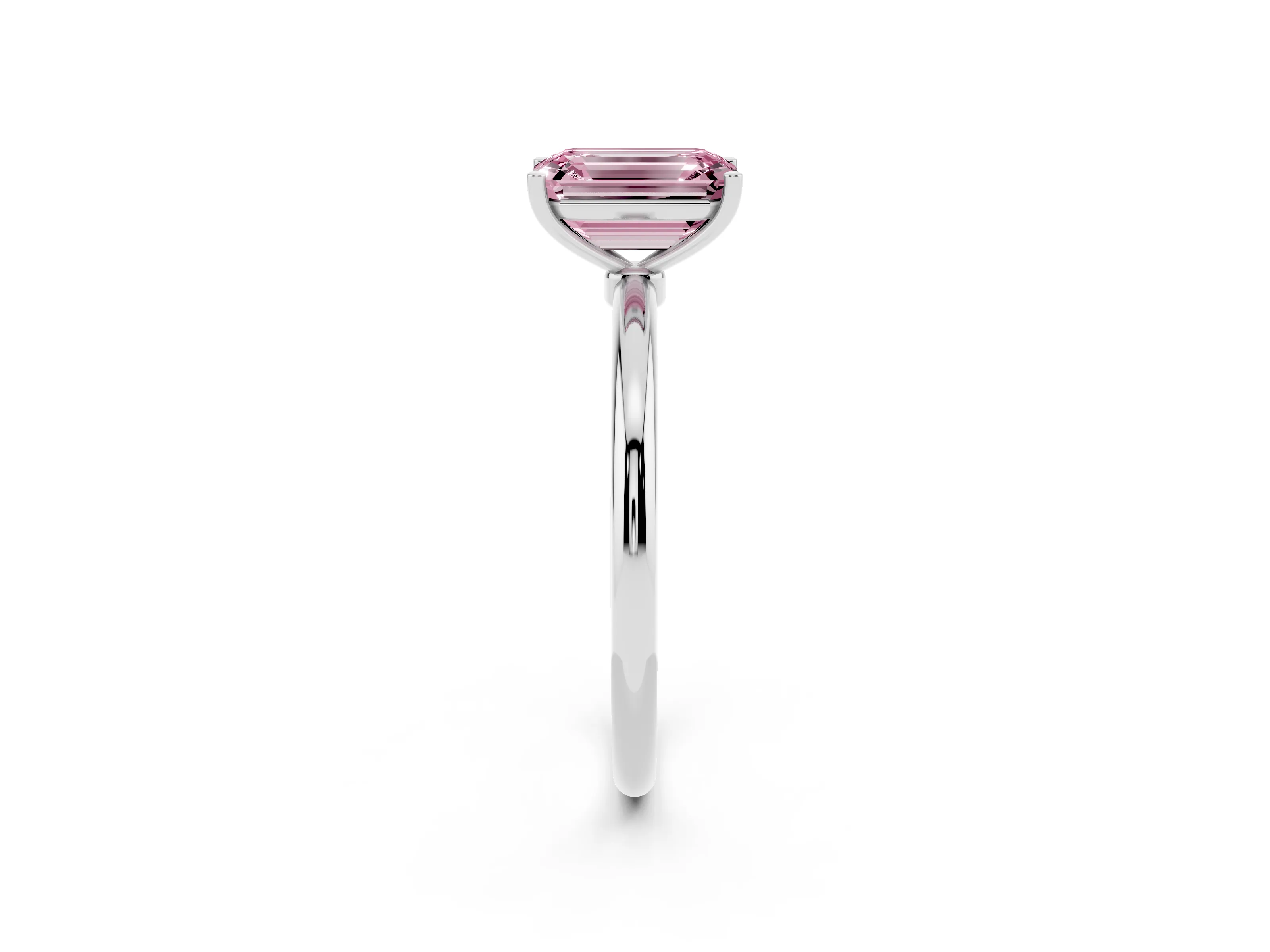 Fancy Pink Emerald Cut Diamond Solitaire Engagement Ring Set in Platinum with Thin Band and Prong Setting