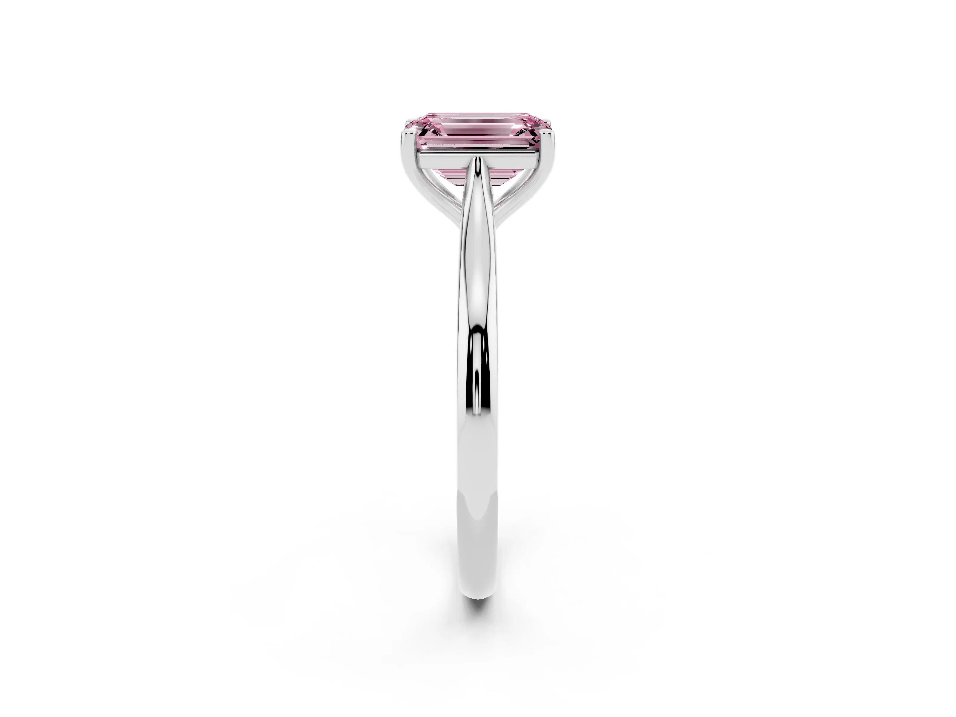 Fancy Pink Emerald Cut Diamond Solitaire Ring Set in White gold with Cathedral Band and Prong Setting