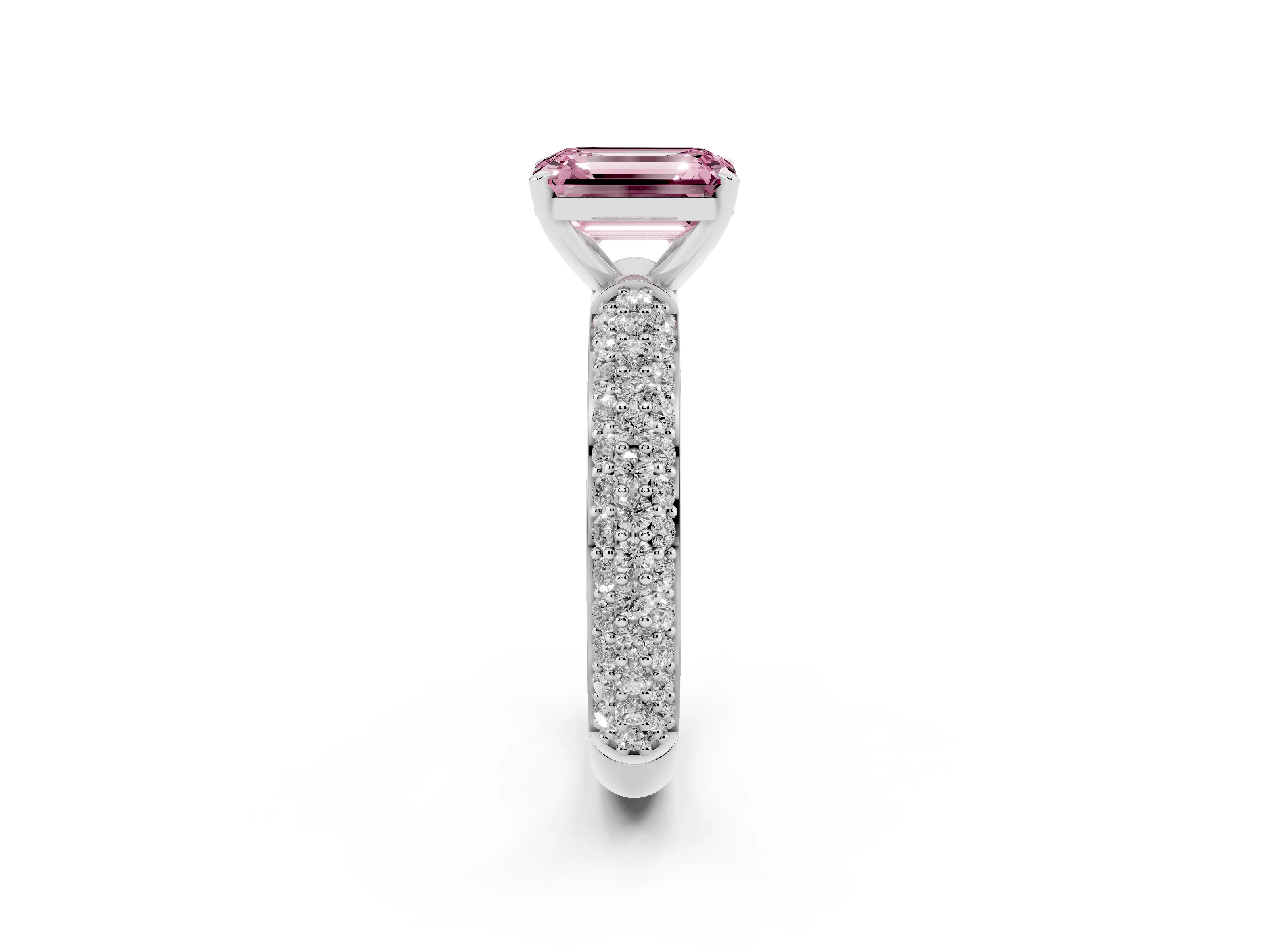 Fancy Pink Emerald Cut Diamond Solitaire Ring Set in Platinum with Prong Setting and Pavé-Set Band