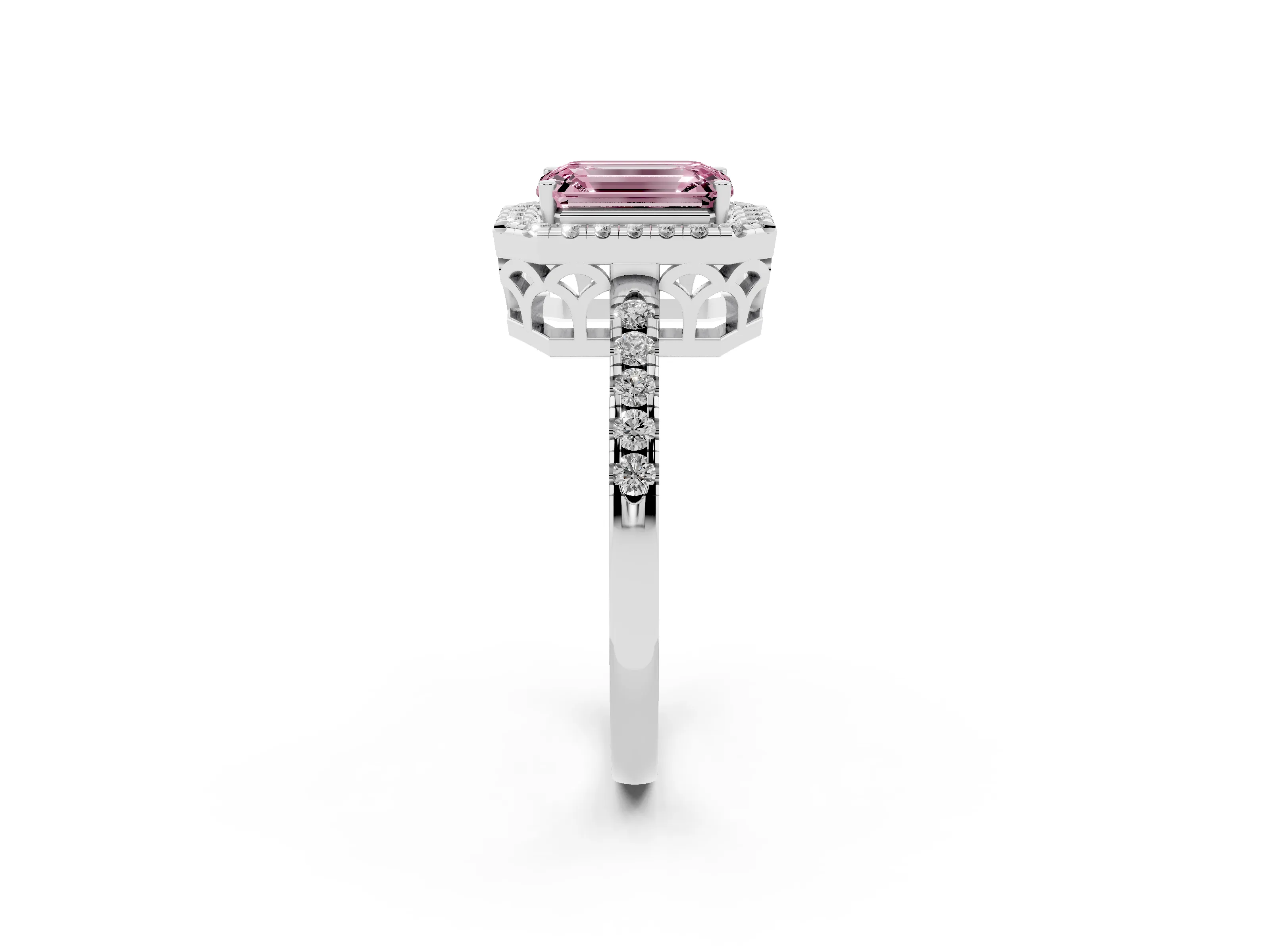 Fancy Pink Emerald Cut Diamond Pavé Band Halo Engagement Ring Set in Silver with Prong Setting