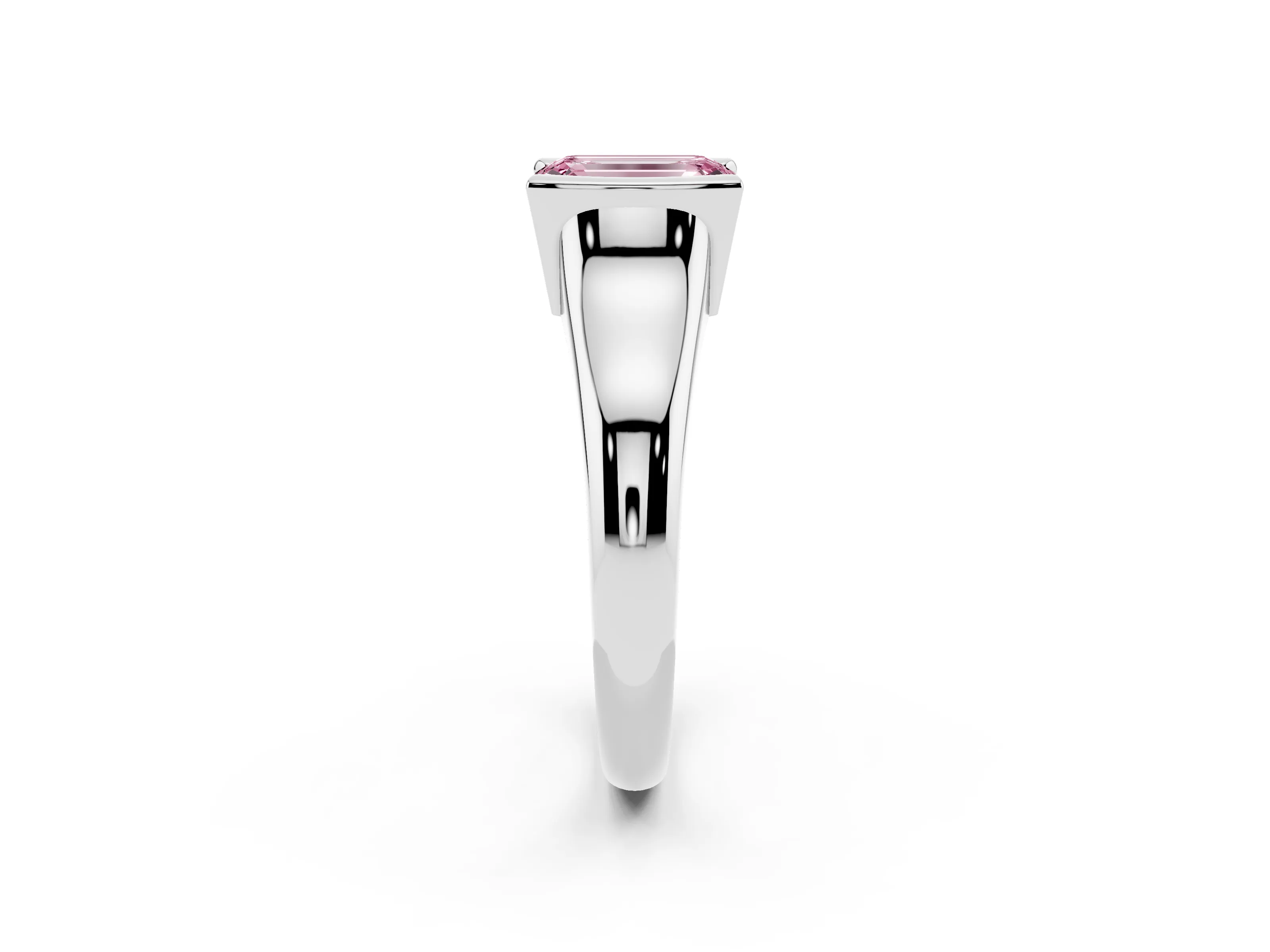Fancy Pink Emerald Cut Diamond Solitaire Tension Set Ring Set in White gold with Split Shank Band