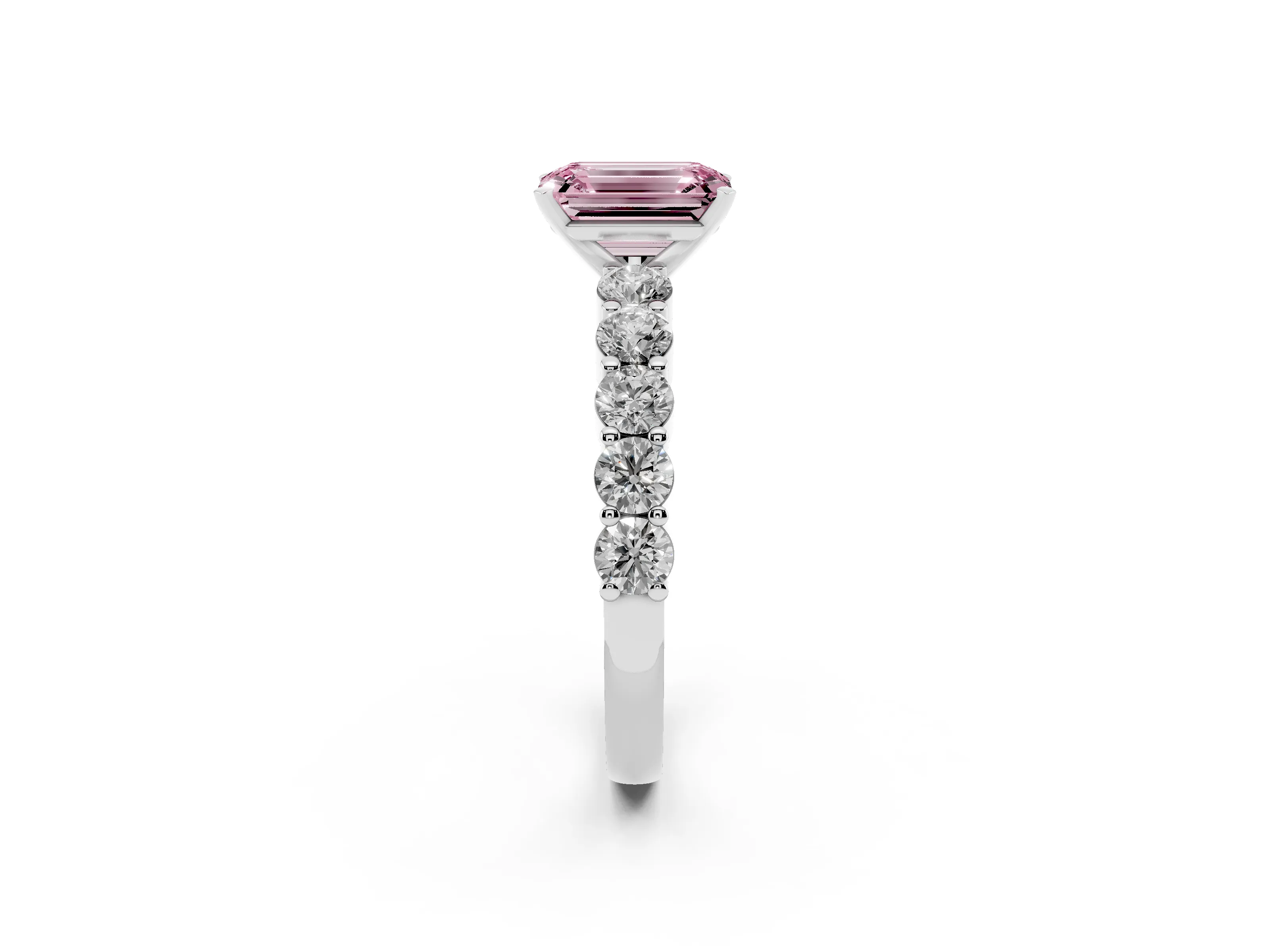 Fancy Pink Emerald Cut Diamond Solitaire Ring Set in Platinum with Shared Prong Round Side Stones