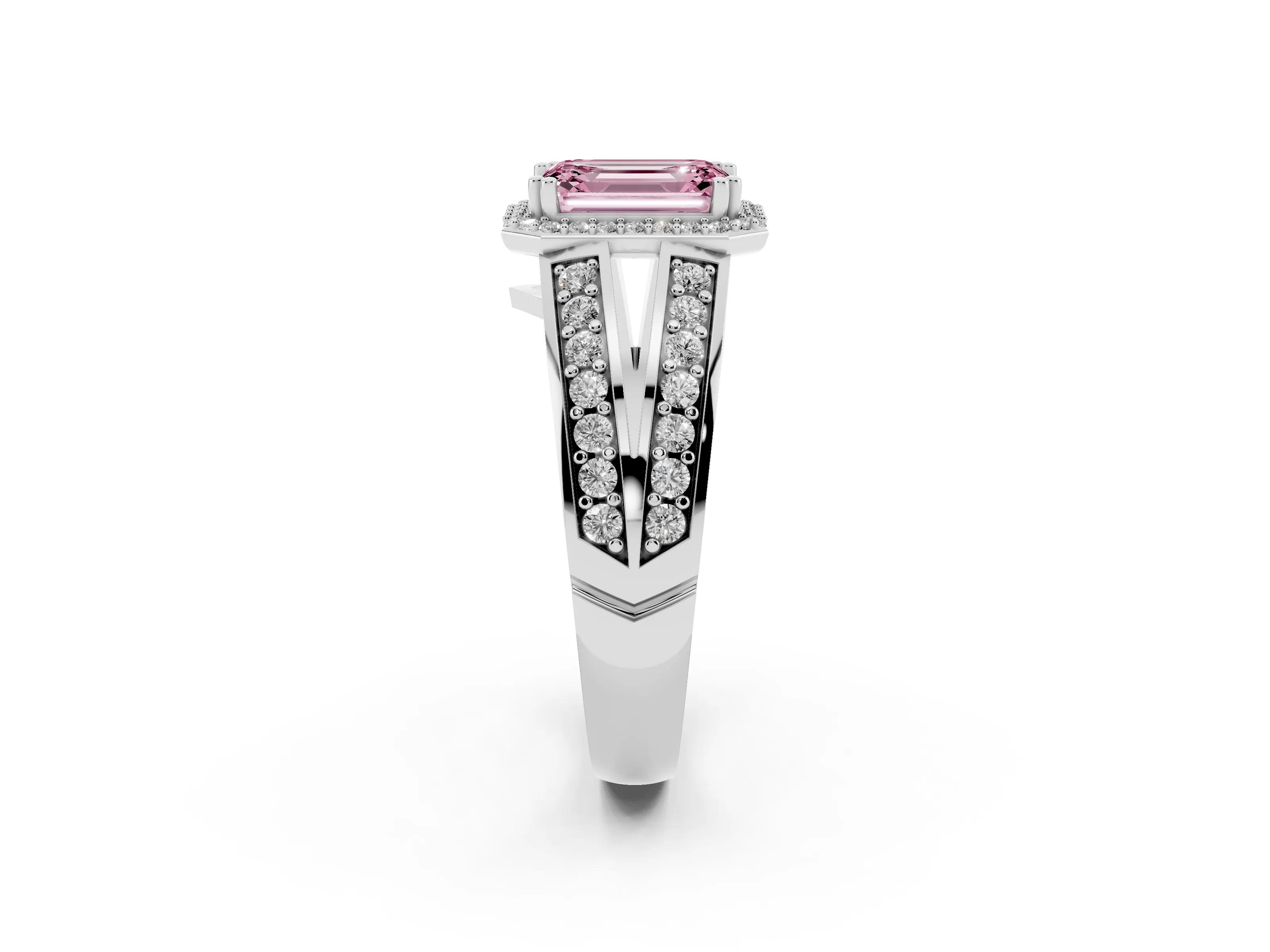 Fancy Pink Emerald Cut Diamond Halo Ring Set in White gold with Double Pavé Split Shank