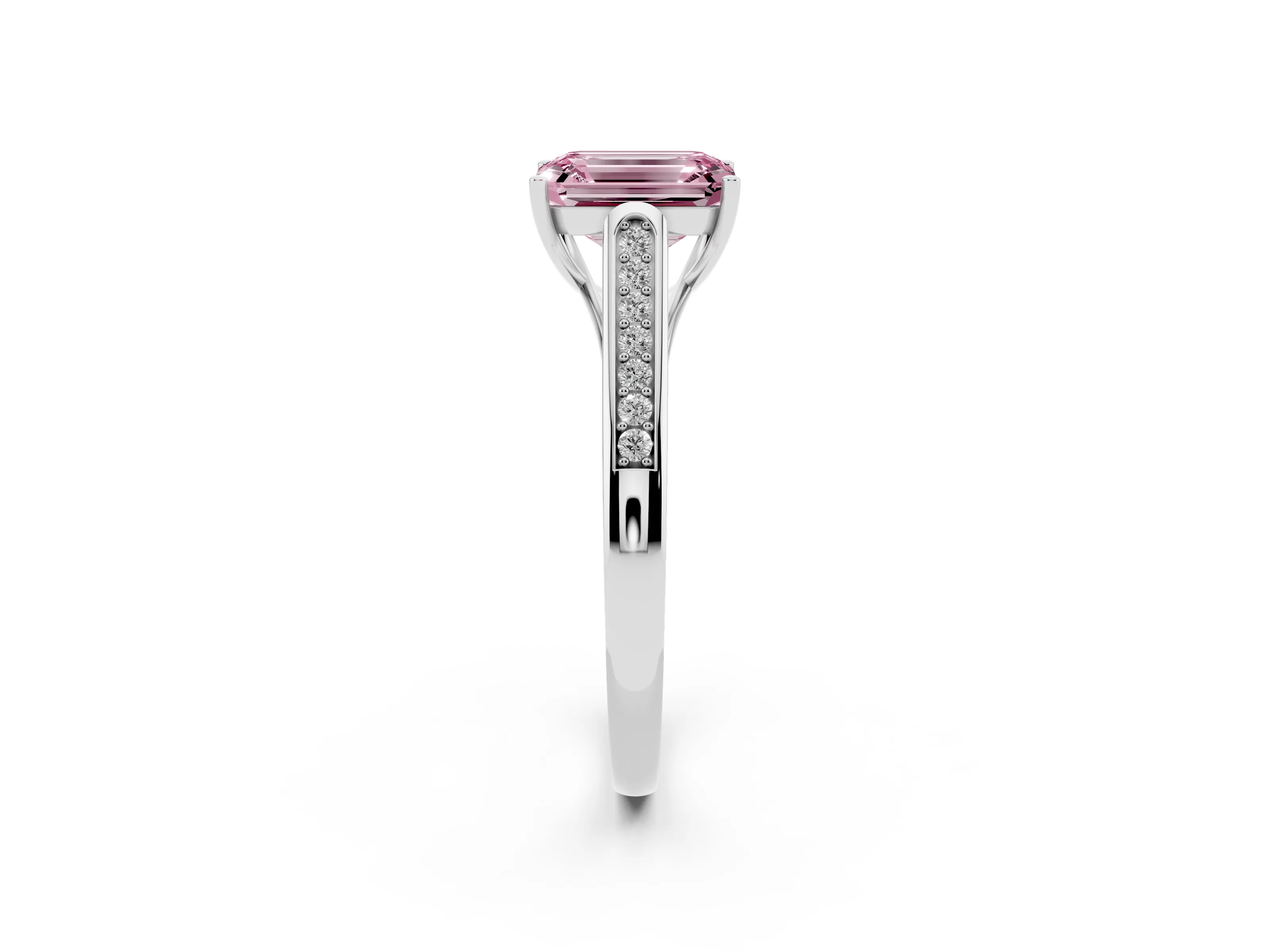 Fancy Pink Emerald Cut Diamond Solitaire Cathedral Engagement Ring Set in White gold with Channel-Set Band and Prong Setting