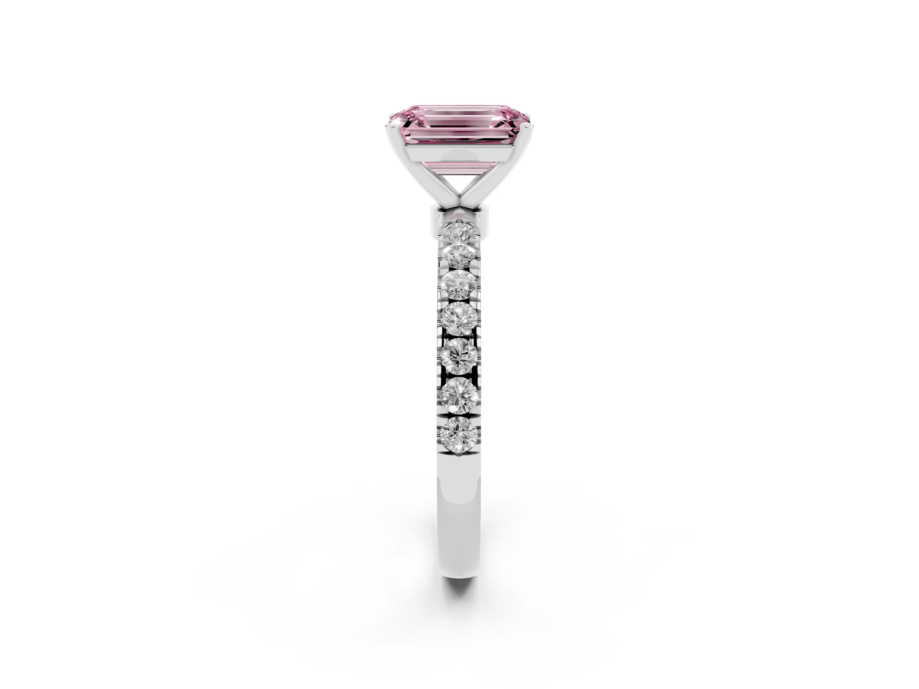 Fancy Pink Emerald Cut Diamond Solitaire Ring Set in Silver with Pavé Accents and Prong Setting