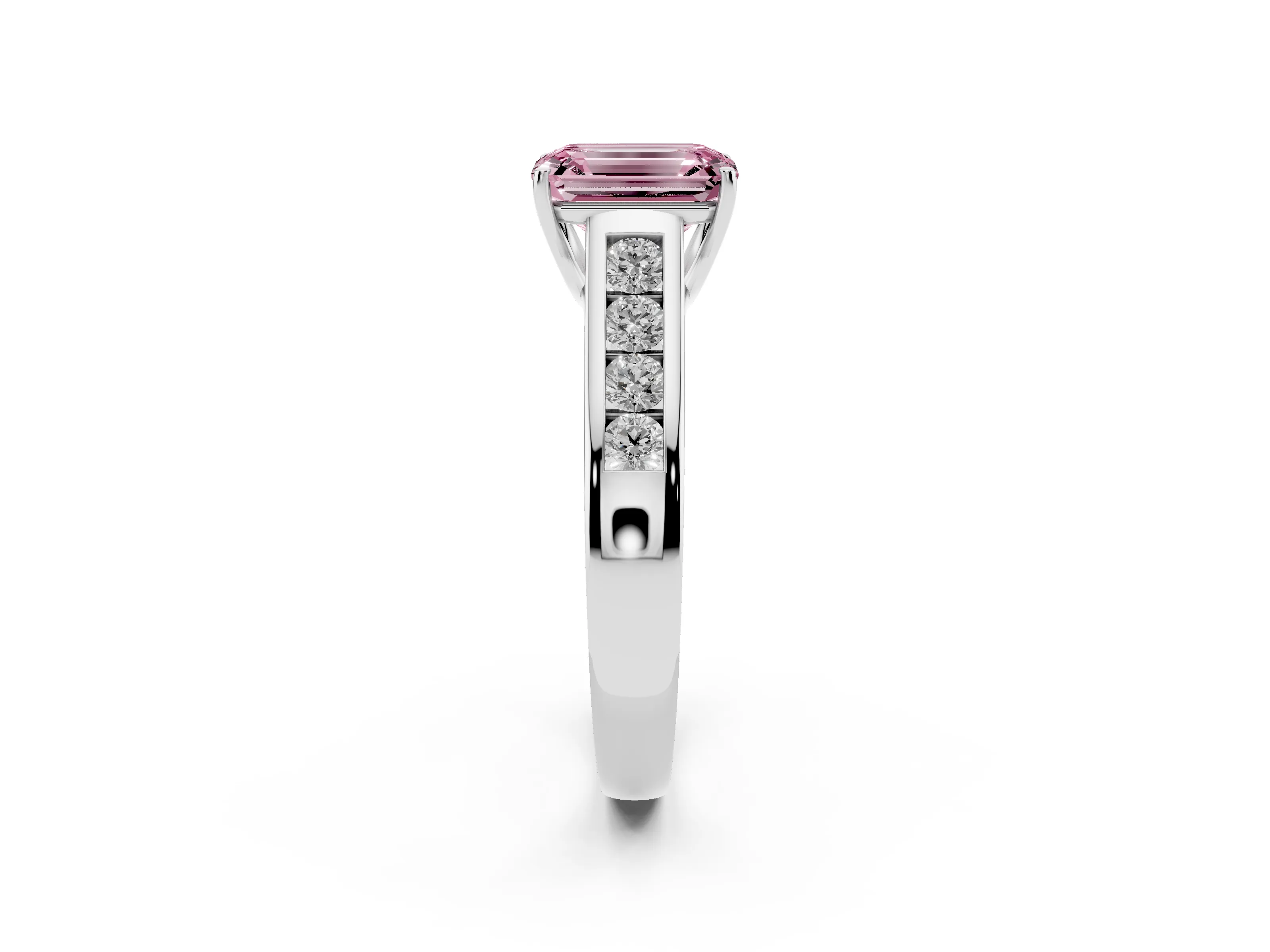 Fancy Pink Emerald Cut Diamond Brilliant Channel-Set Solitaire Ring Set in White gold with Prong Setting