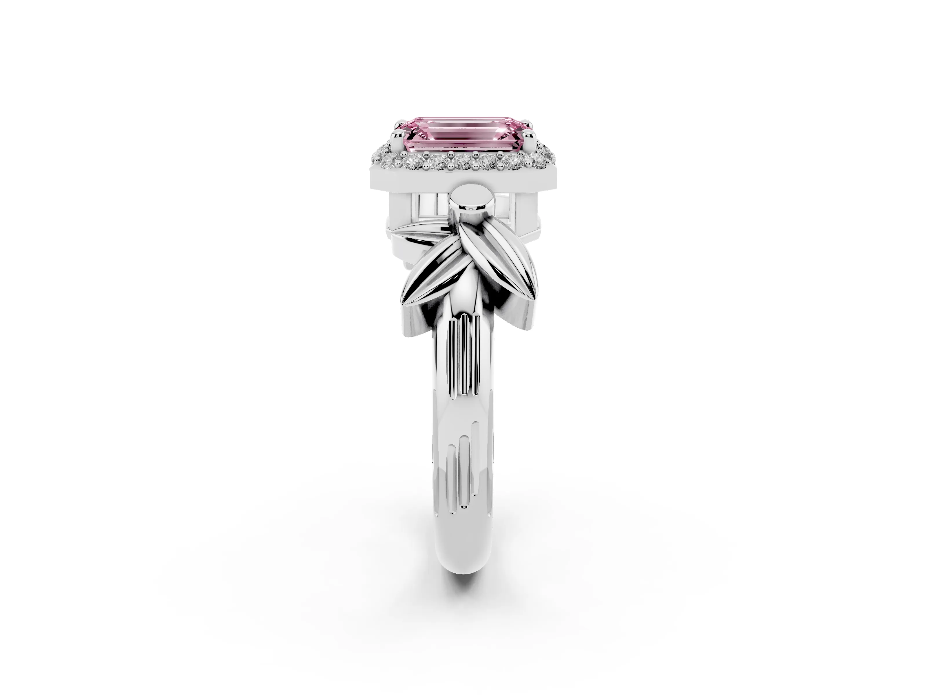 Fancy Pink Emerald Cut Diamond Halo Floral Band Ring Set in White gold with Prong Setting