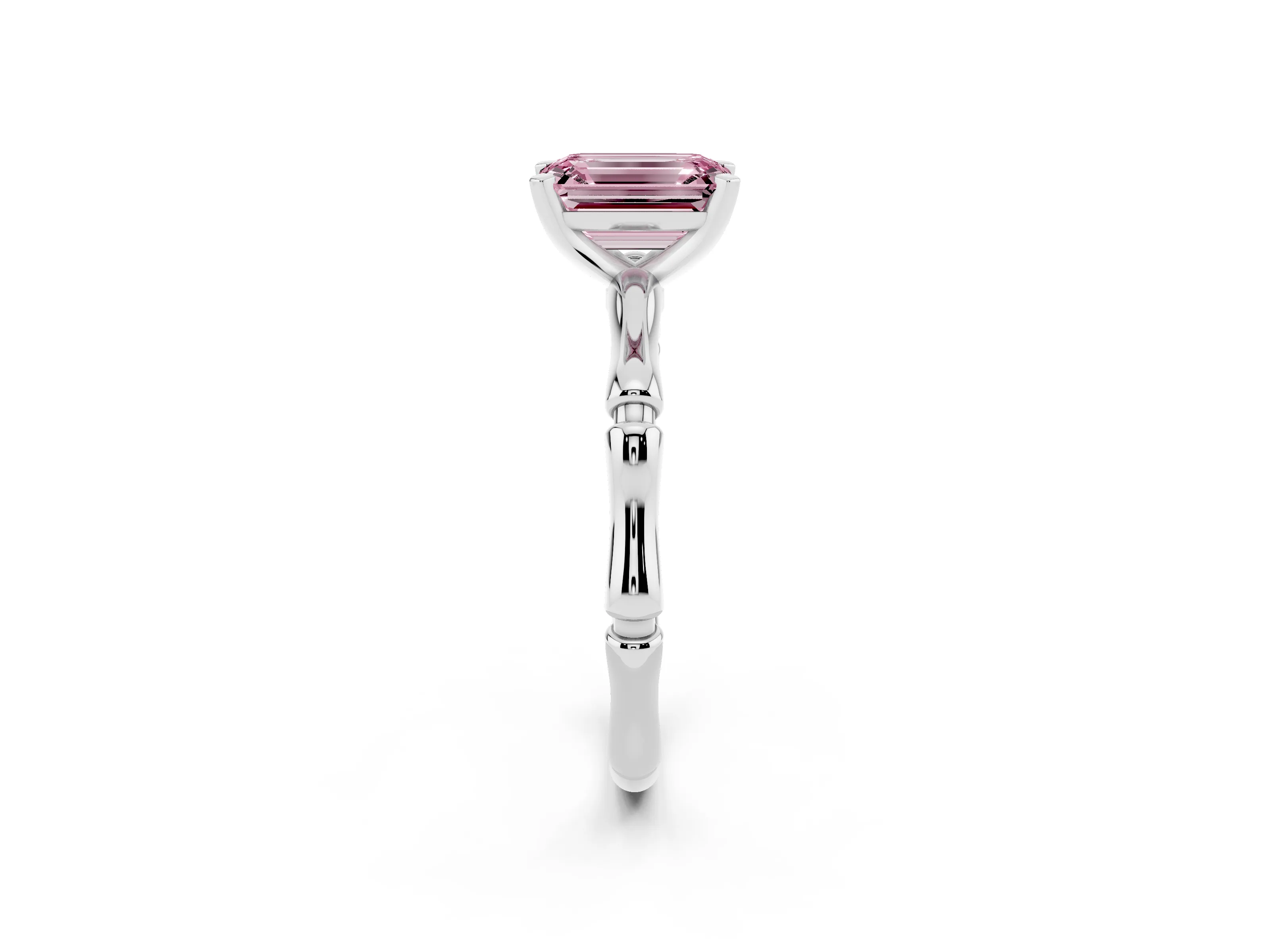 Fancy Pink Emerald Cut Diamond Solitaire Ring Set in Silver with Bamboo Band and Prong Setting