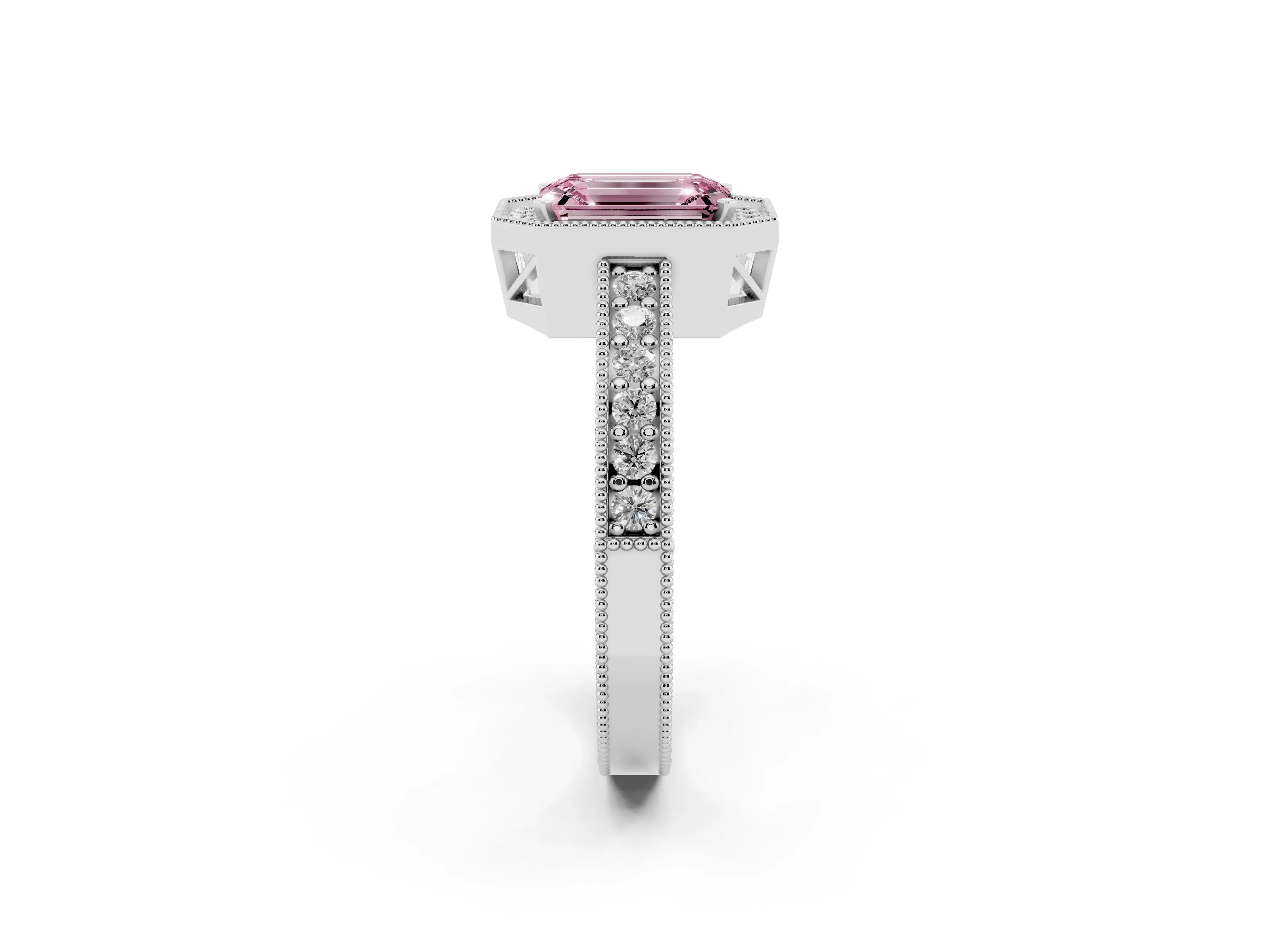 Fancy Pink Emerald Cut Diamond Halo Pavé Band Ring Set in Platinum with Prong-Set Center