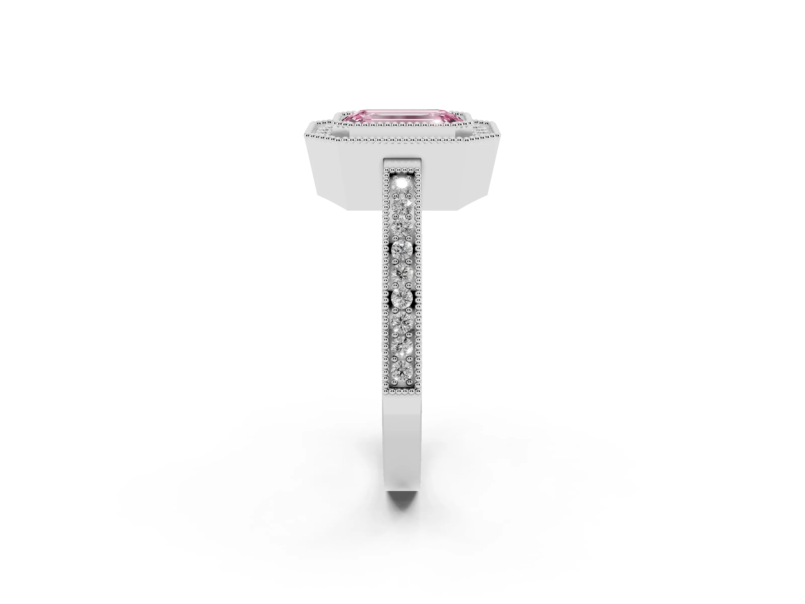 Fancy Pink Emerald Cut Diamond Halo Ring Set in White gold with Pavé Band and Milgrain-Edged Prongs