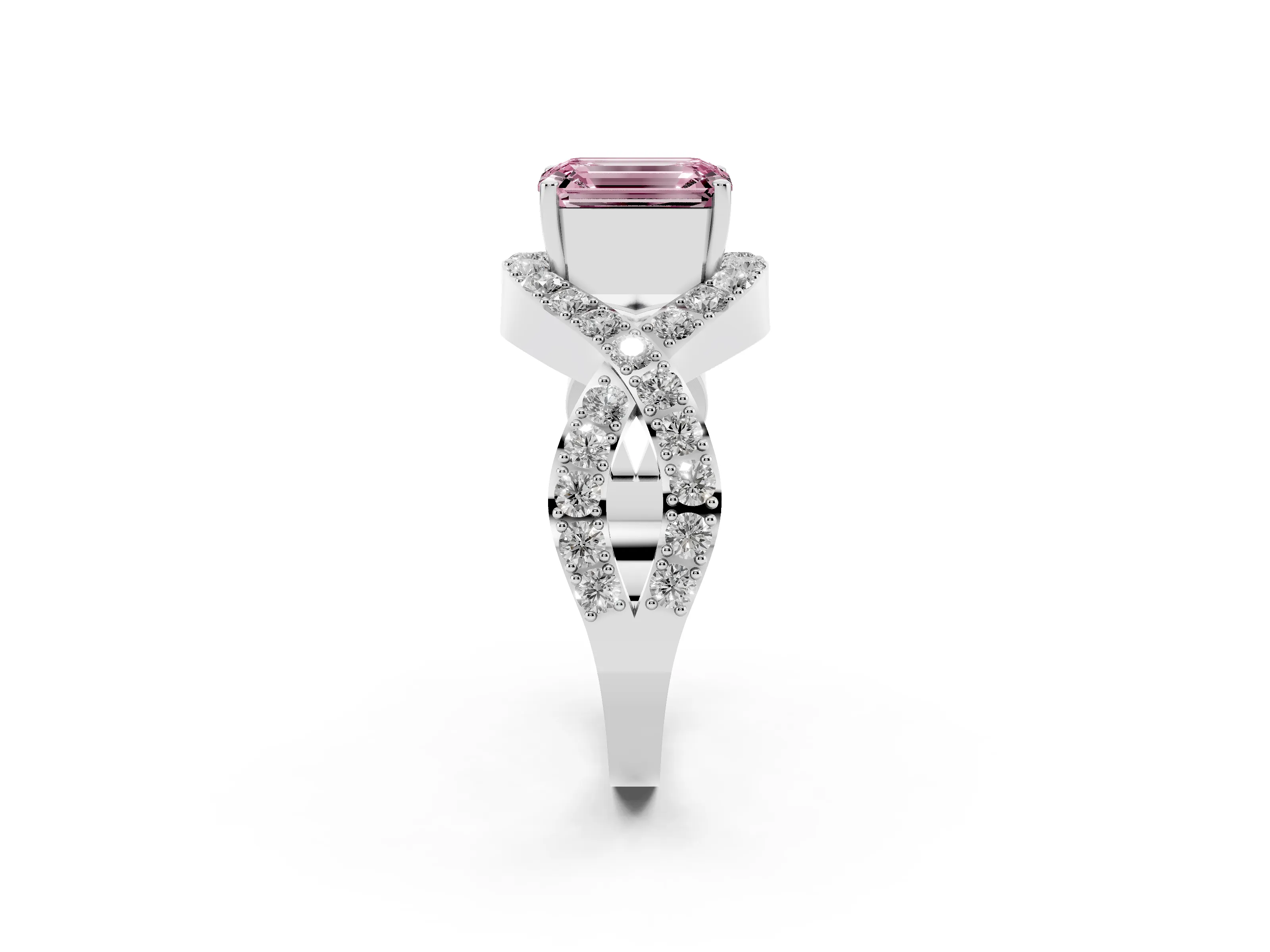 Fancy Pink Emerald Cut Diamond Solitaire Twist Band Pavé Engagement Ring Set in Silver