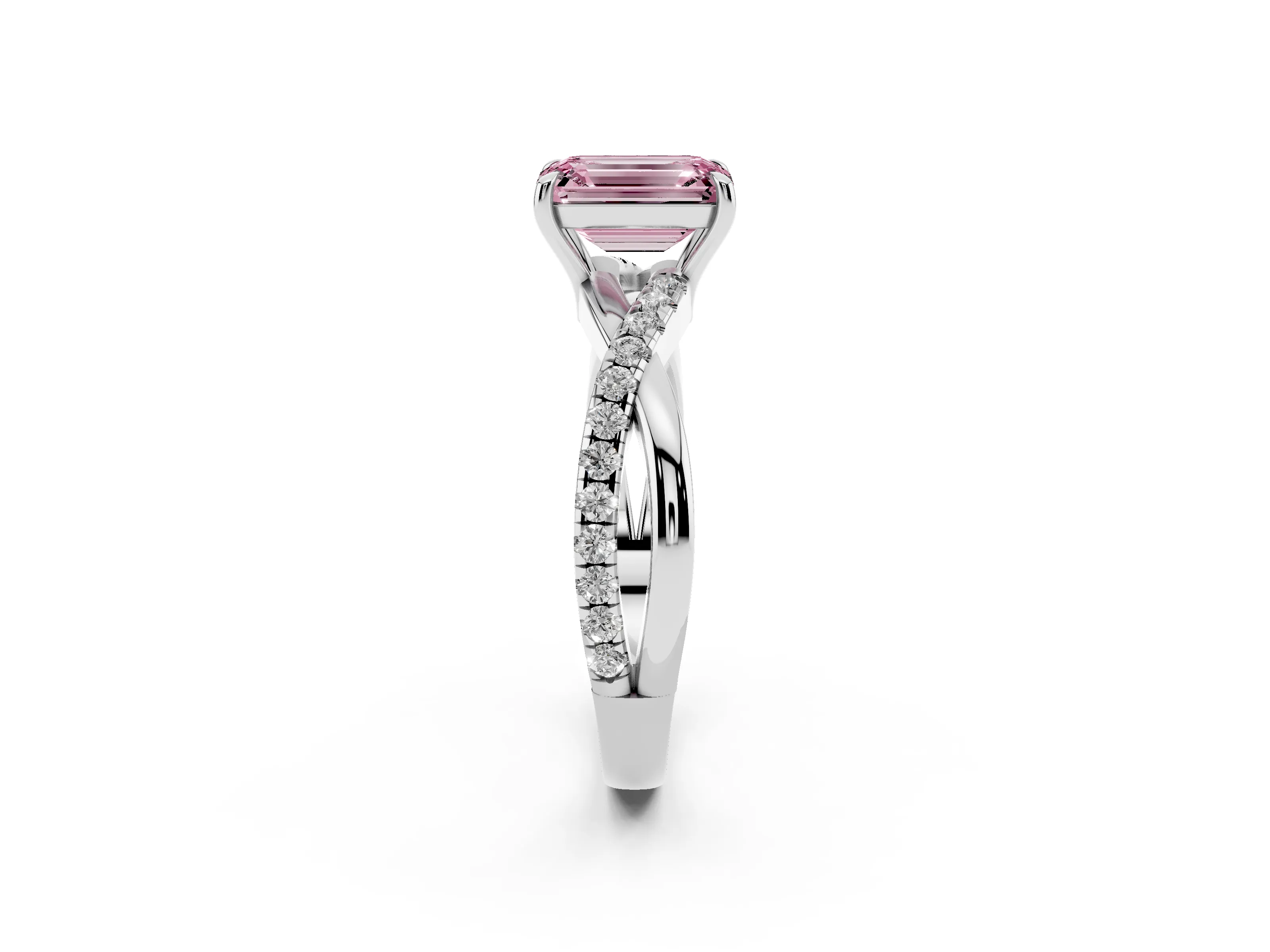Fancy Pink Emerald Cut Diamond Twisted Pavé Band Ring Set in White gold with Prong Setting