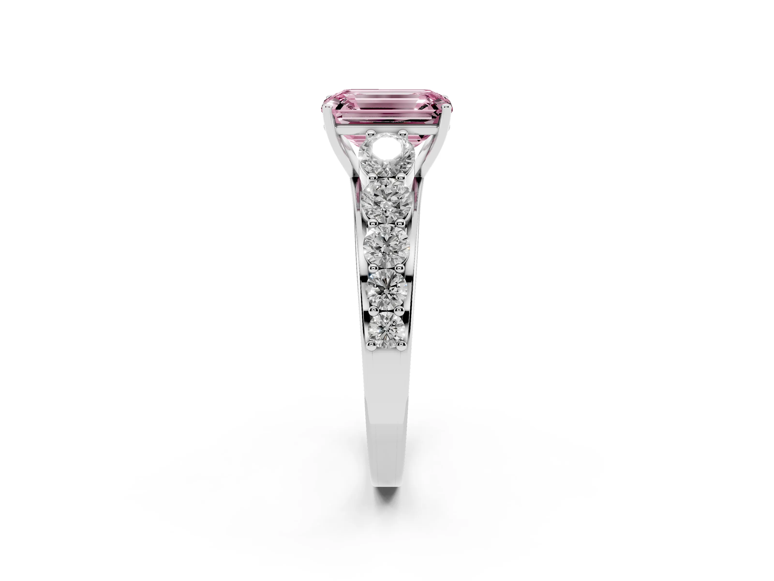 Fancy Pink Emerald Cut Diamond Solitaire Ring Set in White gold with Pavé-Set Band and Prong Setting