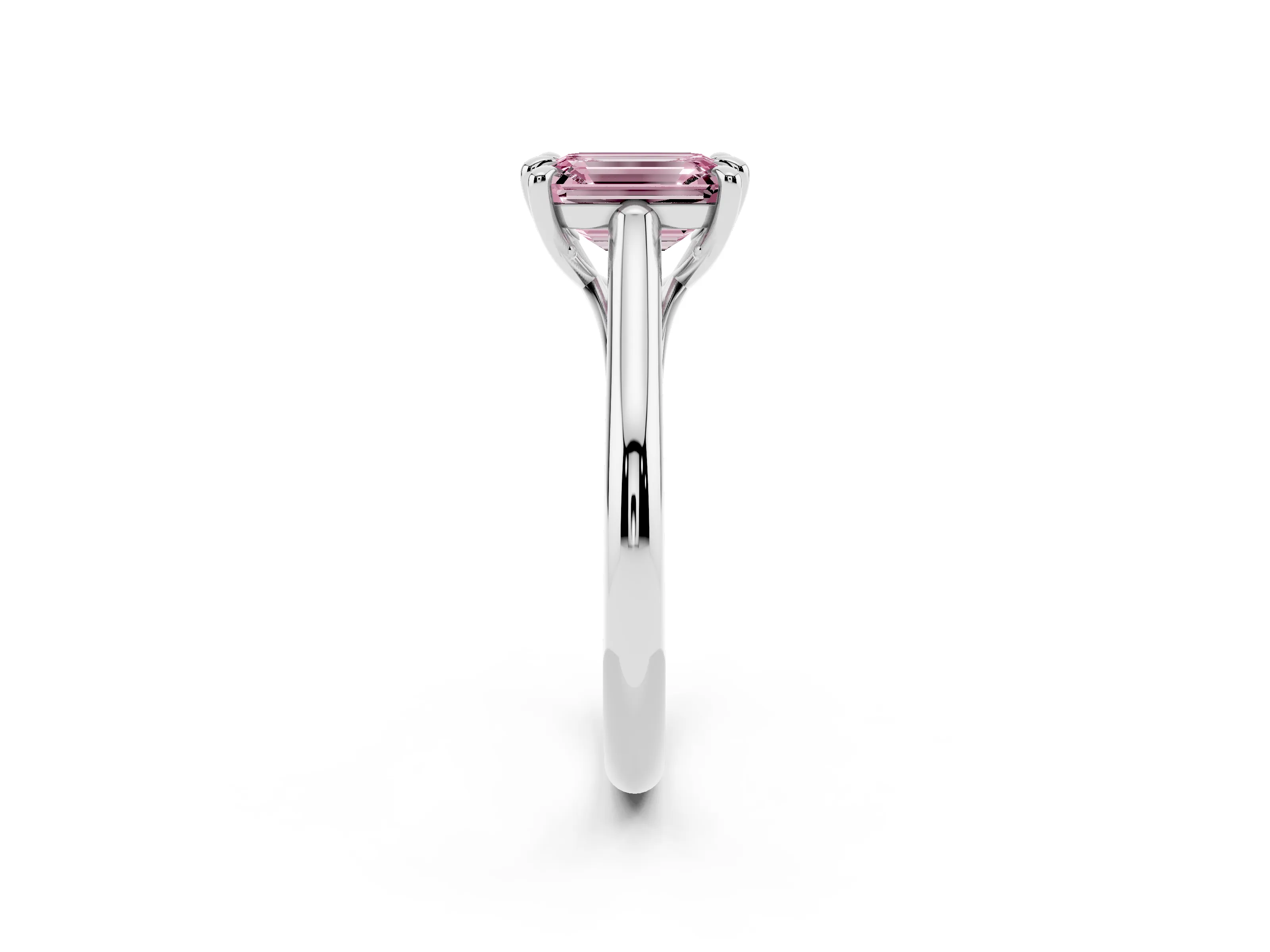 Fancy Pink Emerald Cut Diamond Solitaire Engagement Ring Set in Silver with Prong Setting and Plain Classic Band