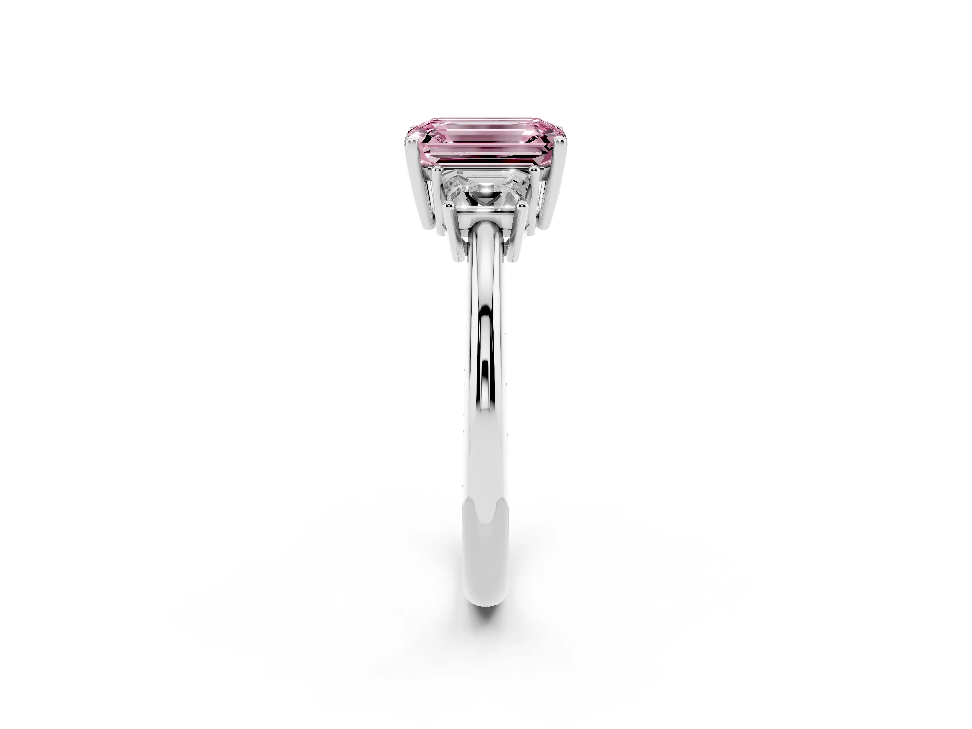 Fancy Pink Emerald Cut Diamond Three-Stone Ring Set in Platinum with Trapezoid Side Stones and Prong Setting
