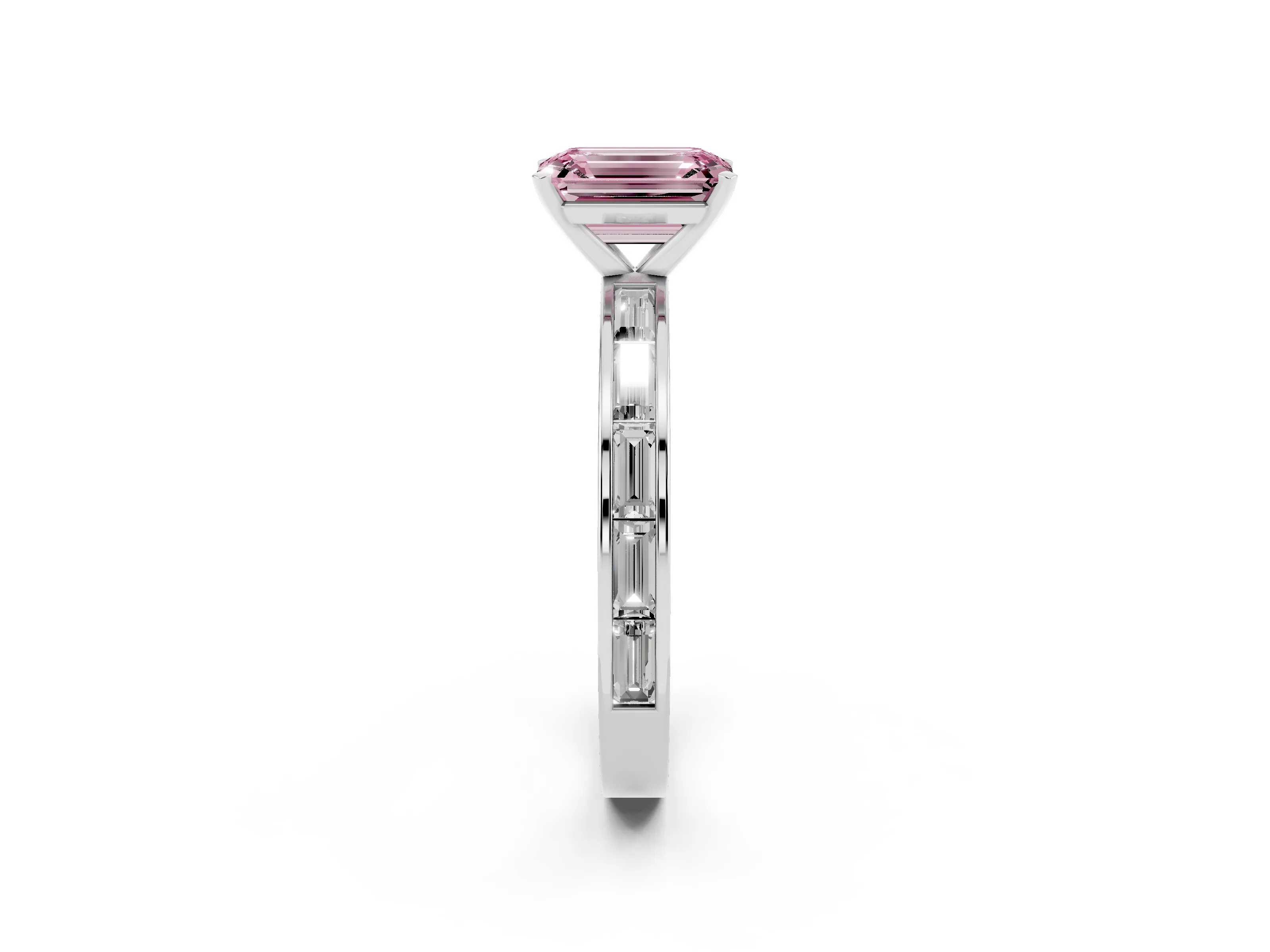 Fancy Pink Emerald Cut Diamond Solitaire Ring Set in White gold with Channel-Set Baguette Band and Prong Setting