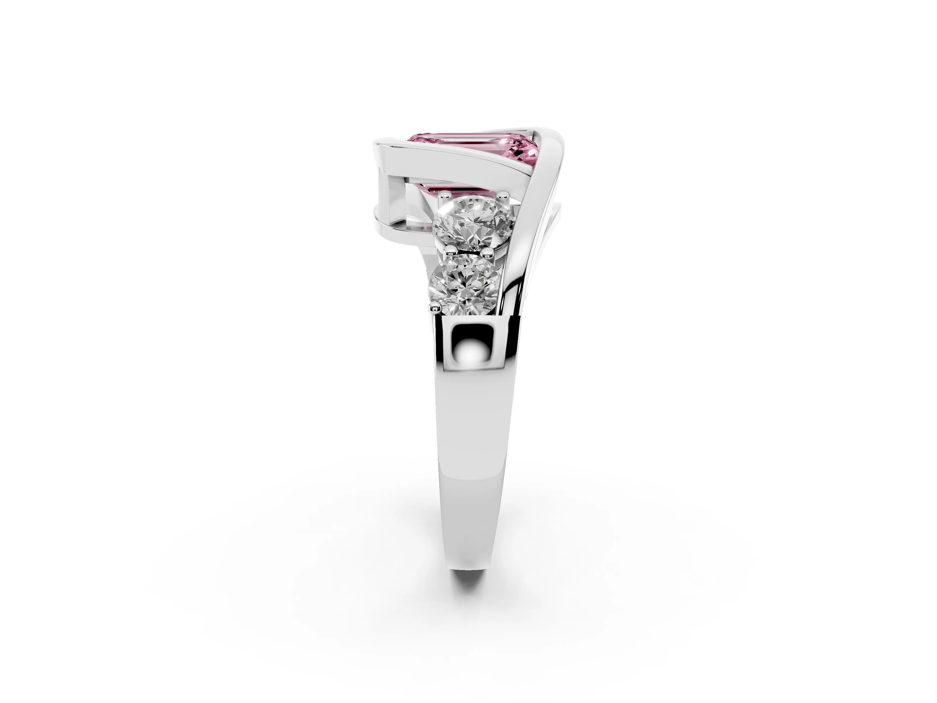 Fancy Pink Emerald Cut Diamond Bezel Bypass Ring Set in Silver with Round Accents