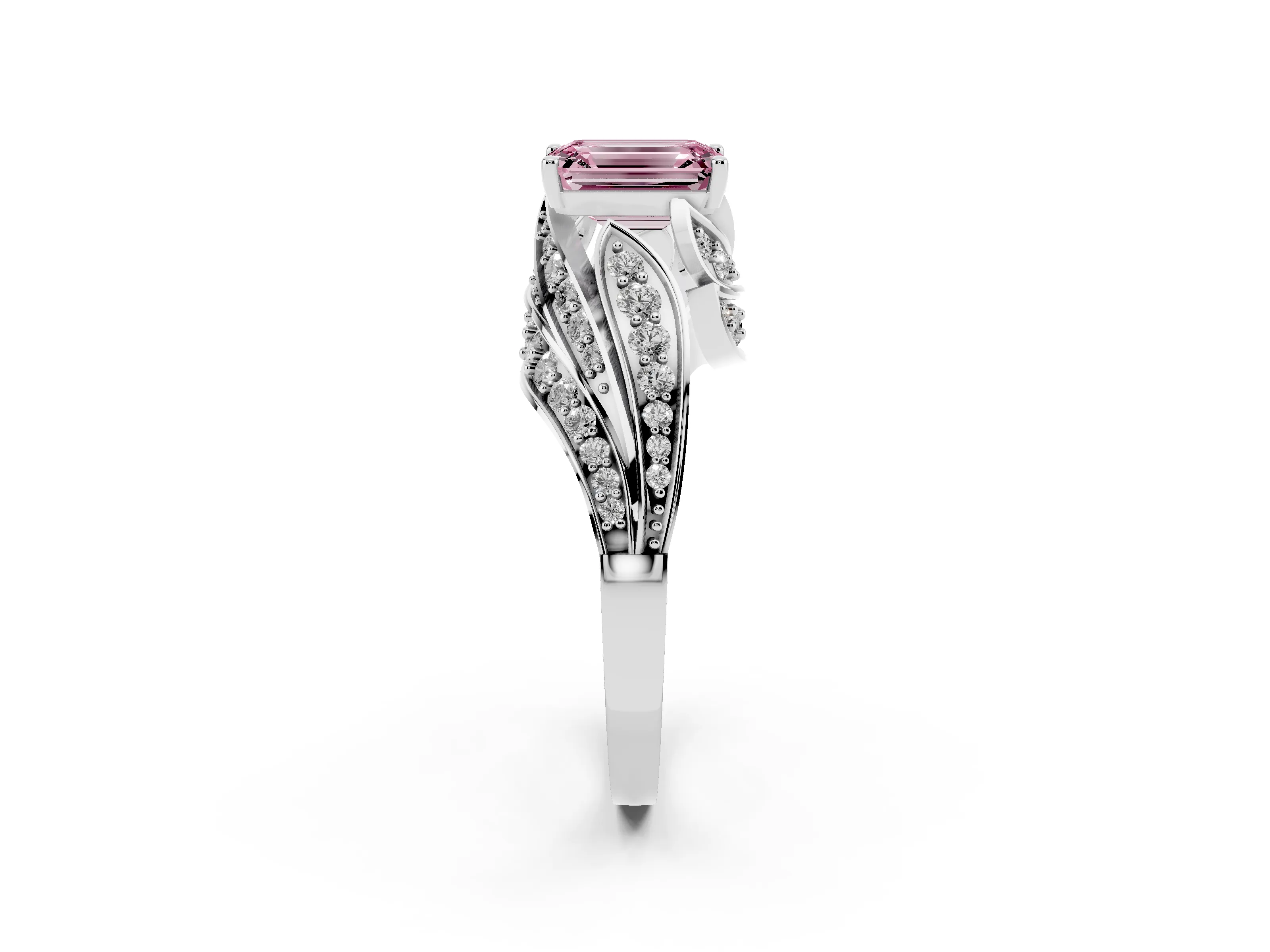 Fancy Pink Emerald Cut Diamond Solitaire Ring Set in White gold with Layered Twist Pavé Band