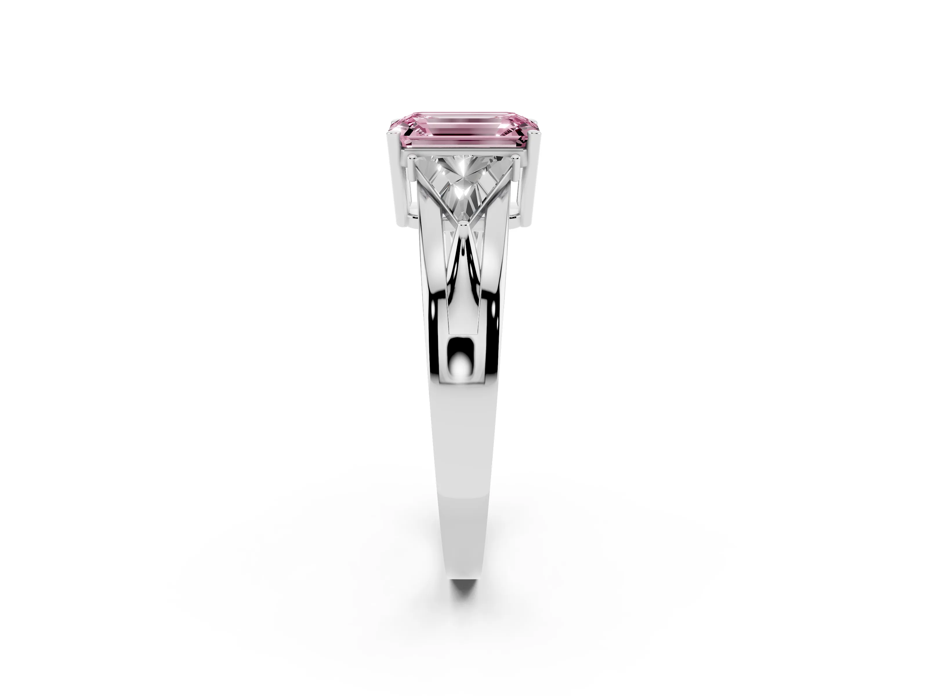 Fancy Pink Emerald Cut Diamond Three-Stone Ring Set in White gold with Trillion Side Stones and Split Shank