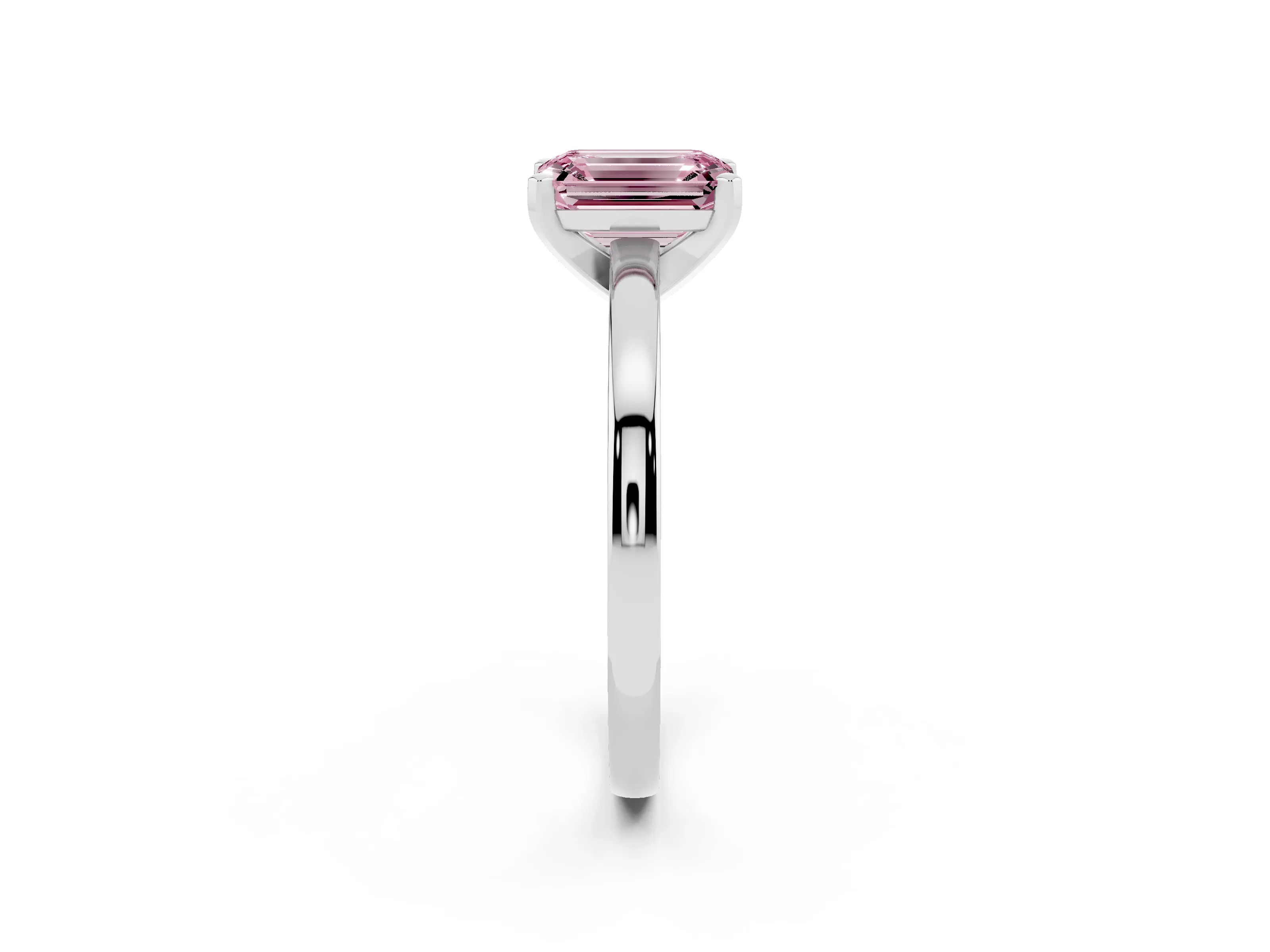 Fancy Pink Emerald Cut Diamond Solitaire Engagement Ring Set in Platinum with Prong Setting on a Classic Band