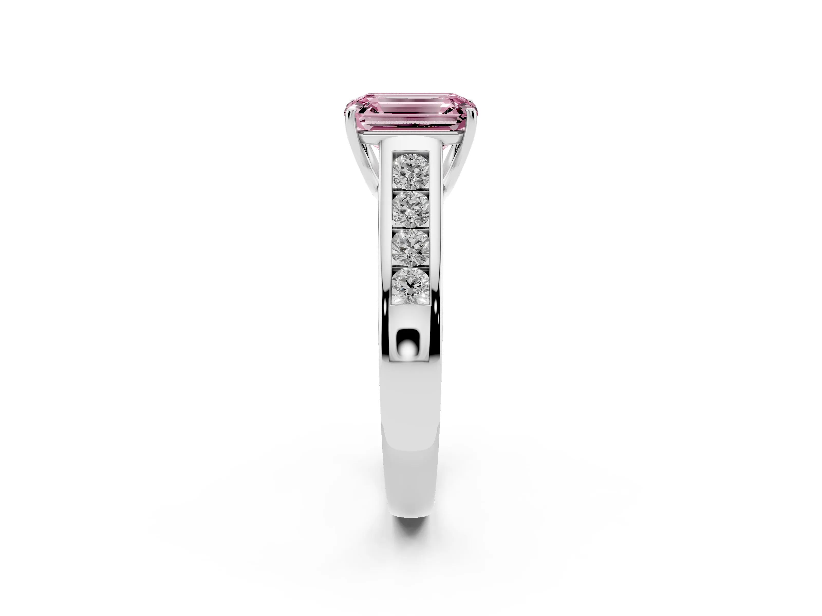 Fancy Pink Emerald Cut Diamond Solitaire Channel-Set Engagement Ring Set in White gold with Prong Setting