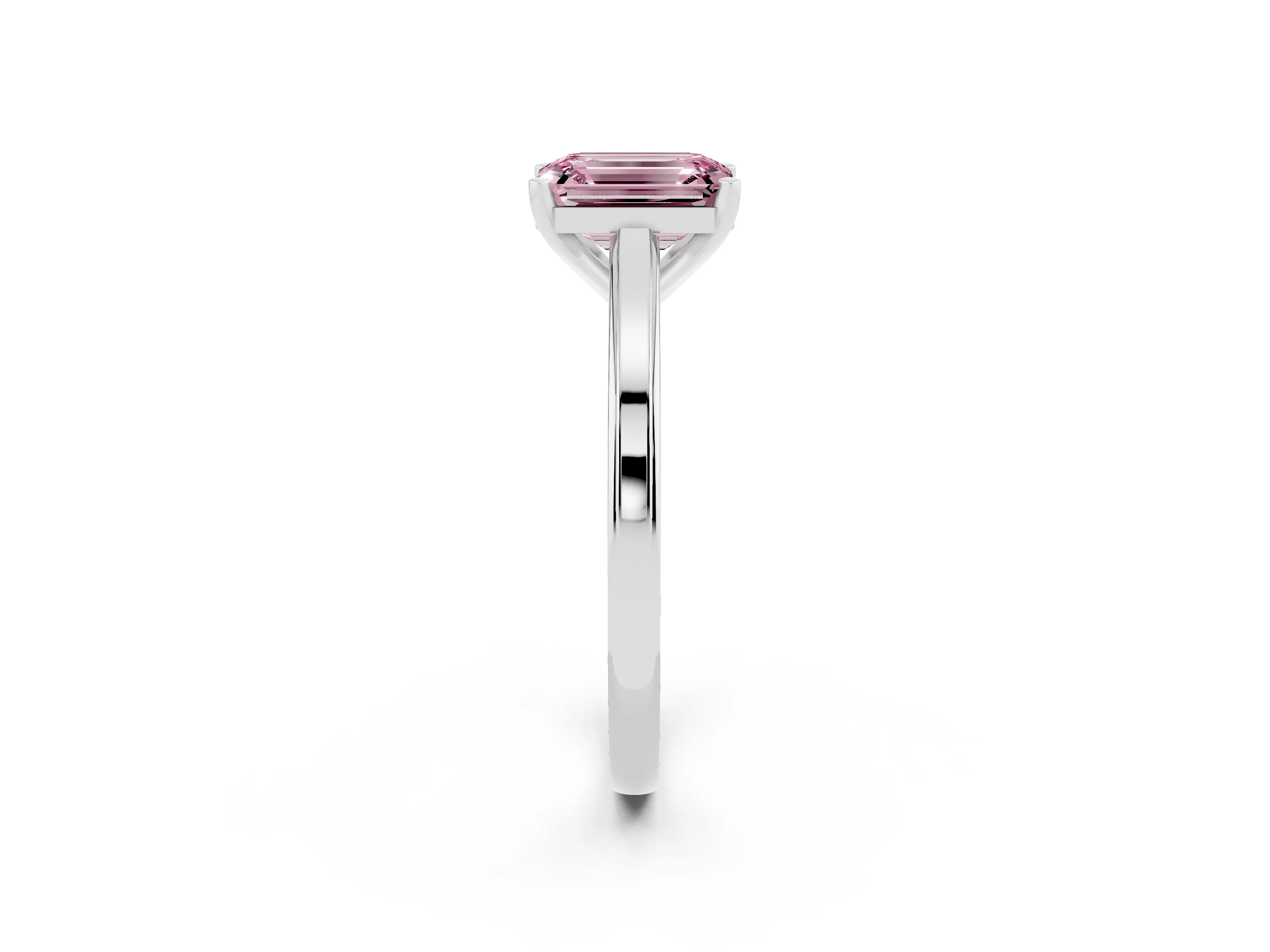 Fancy Pink Emerald Cut Diamond Solitaire Ring Set in Platinum with Prong Setting and Classic Band