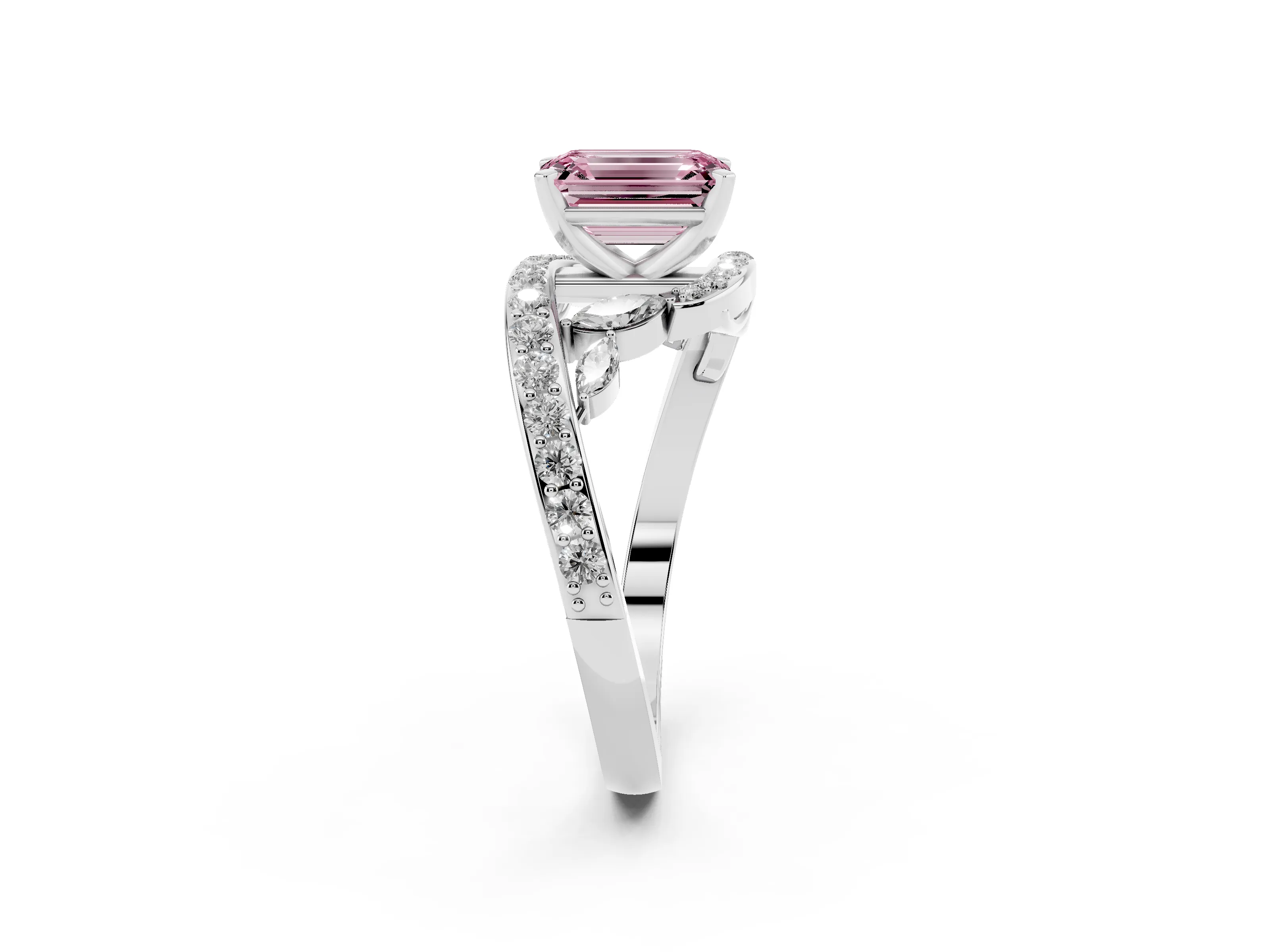 Fancy Pink Emerald Cut Diamond Solitaire Ring Set in Silver with Pavé Twist Band and Secure Prong Setting