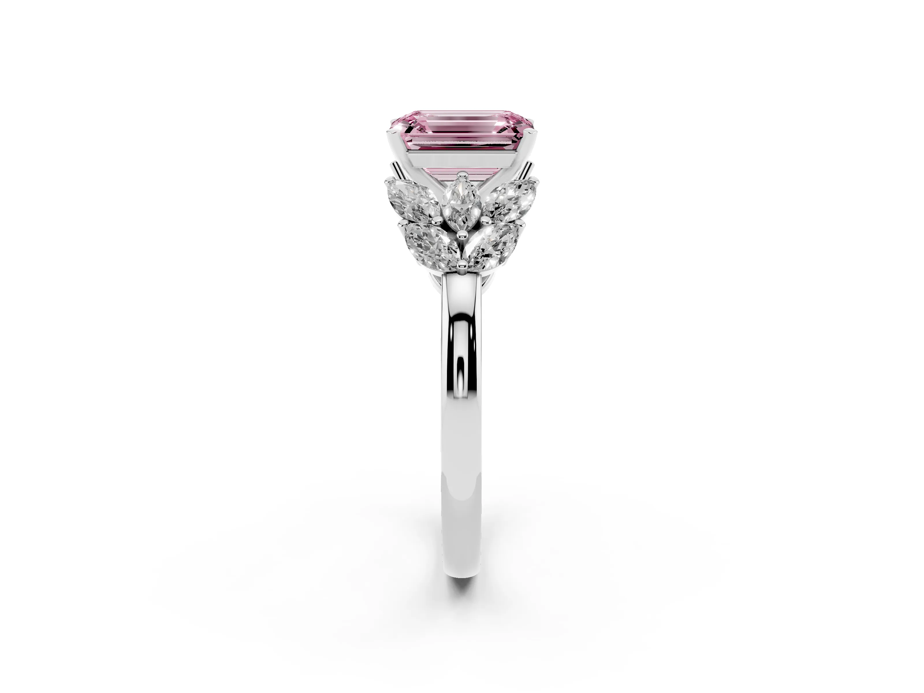 Fancy Pink Emerald Cut Diamond Cluster Leaf Design Ring Set in Platinum with Prong Setting