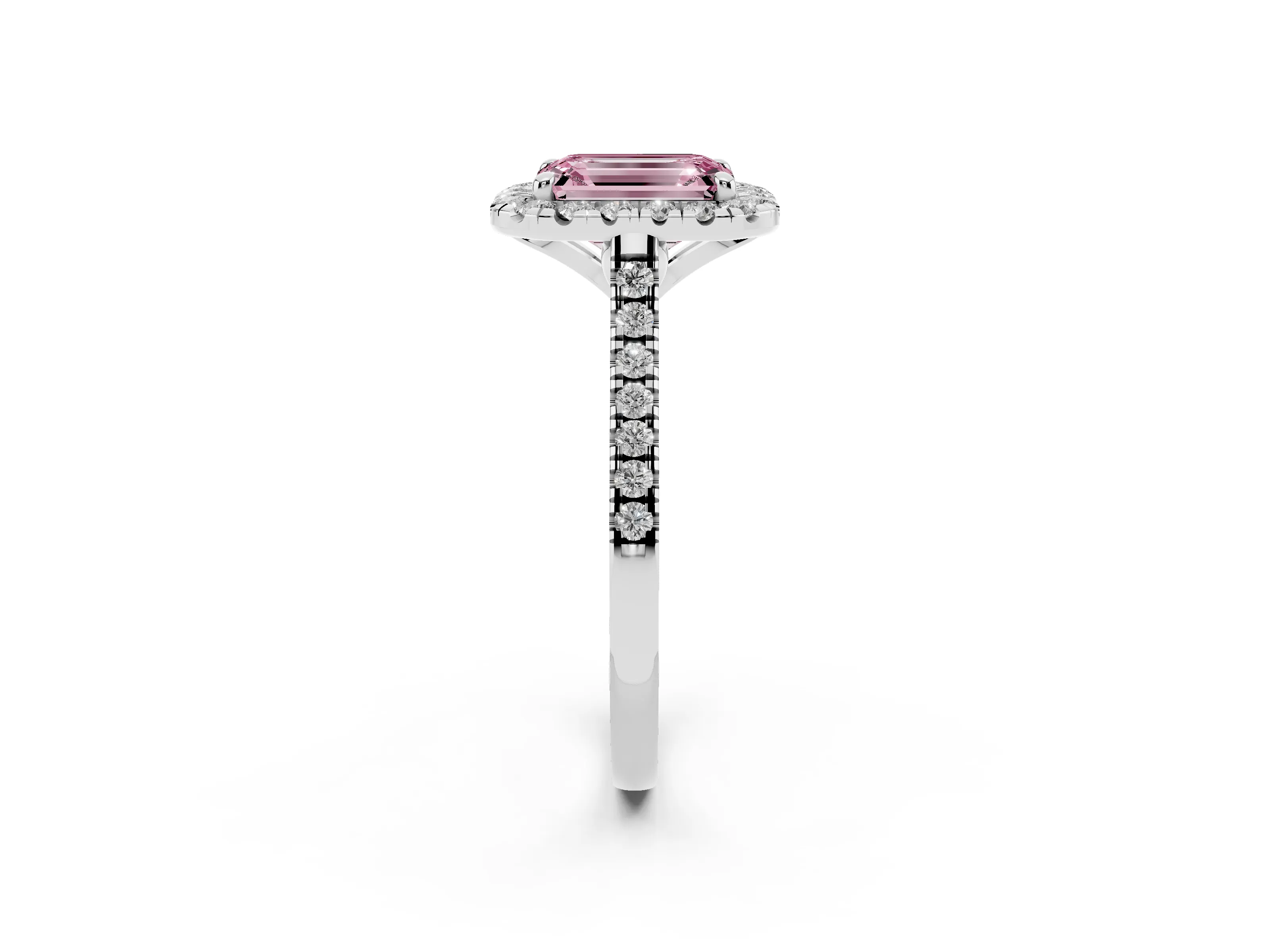 Fancy Pink Emerald Cut Diamond Cushion Halo Ring Set in White gold with Pavé Band