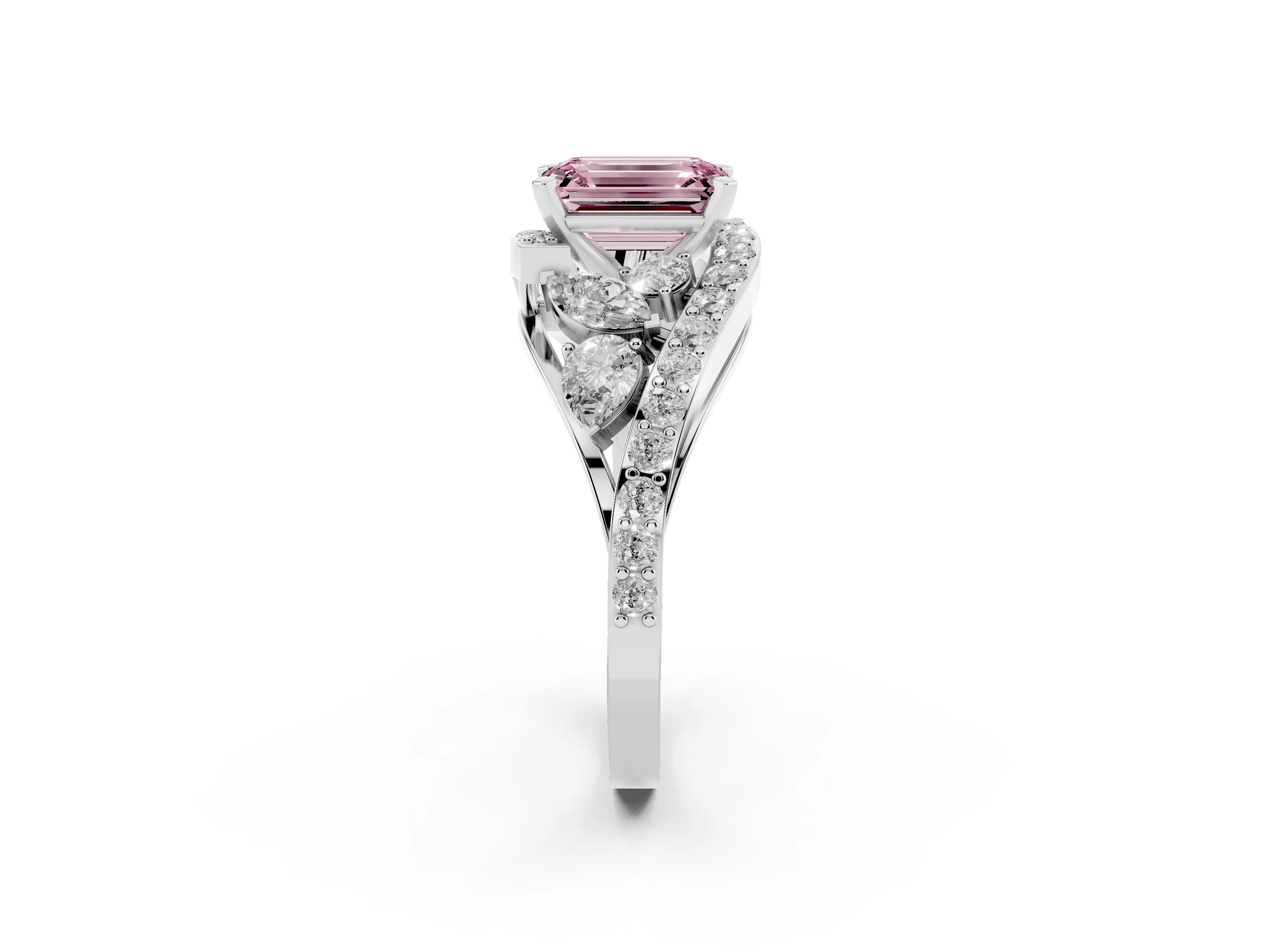 Fancy Pink Emerald Cut Diamond Halo Ring Set in Platinum with Marquise and Pavé Band in Prong Setting