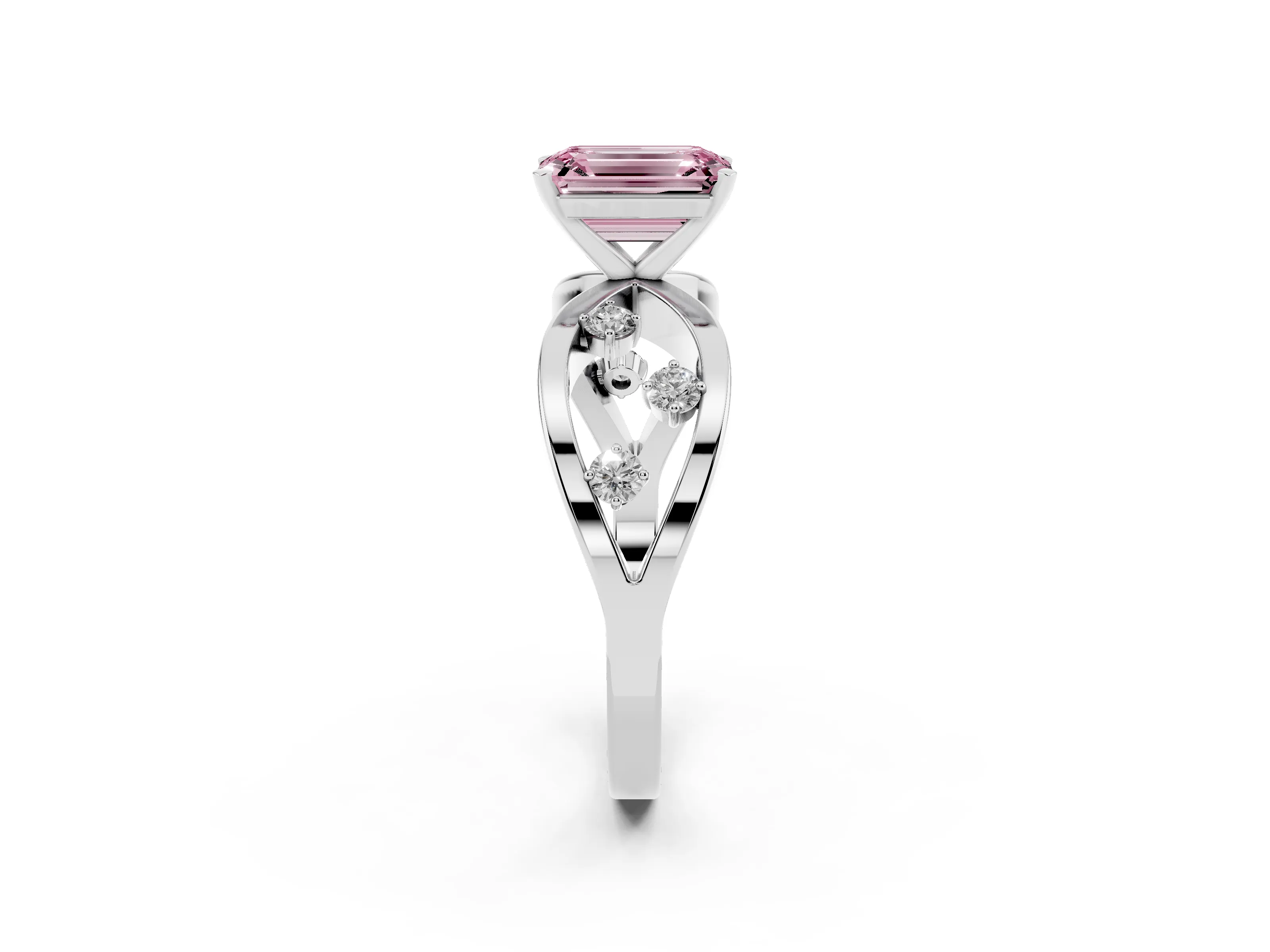 Fancy Pink Emerald Cut Diamond Solitaire Ring Set in Platinum with Side Stones on Criss-Cross Band and Prong Setting