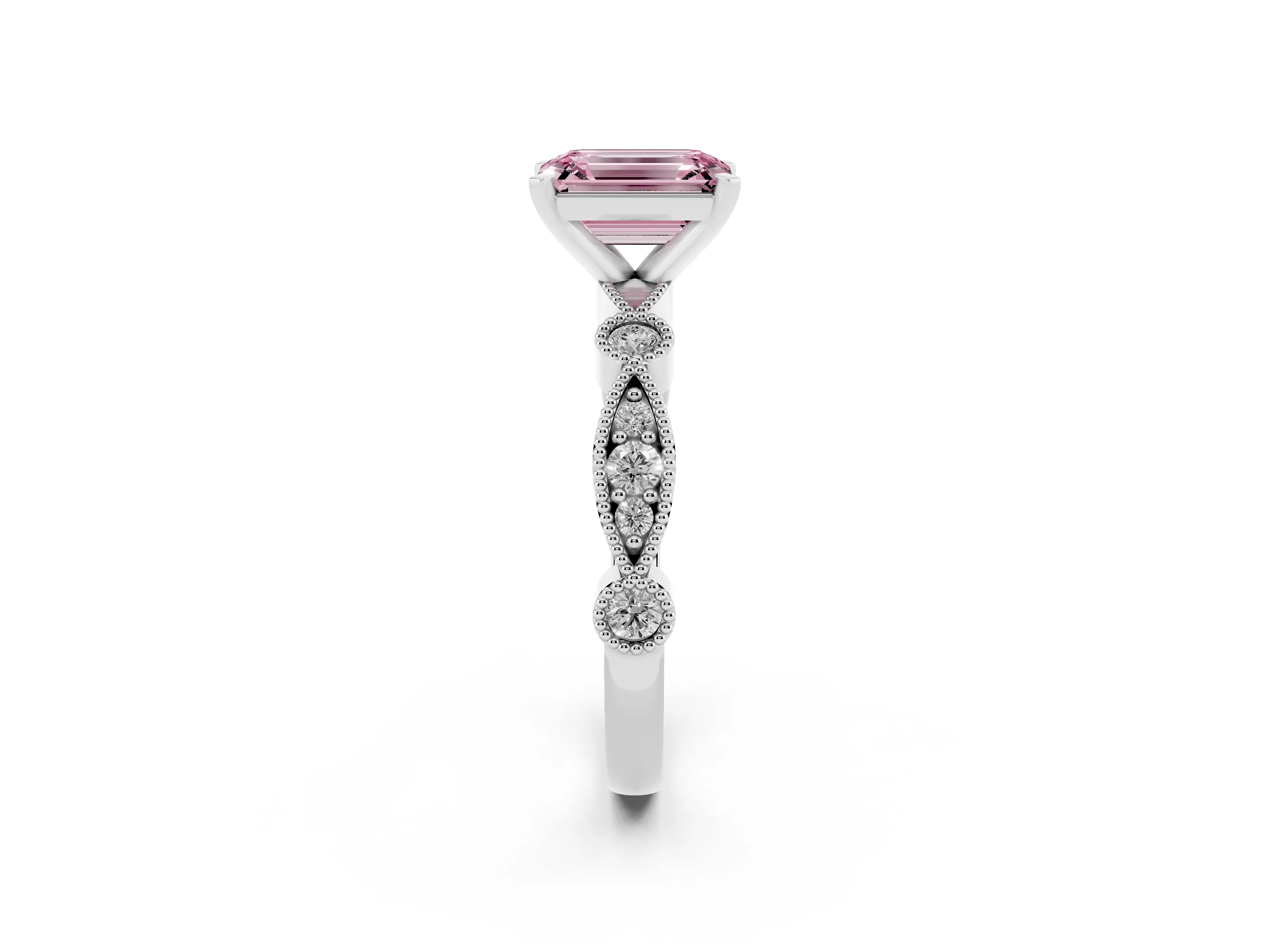 Fancy Pink Emerald Cut Diamond Solitaire Engagement Ring Set in Silver with Milgrain Bezel Accent Band