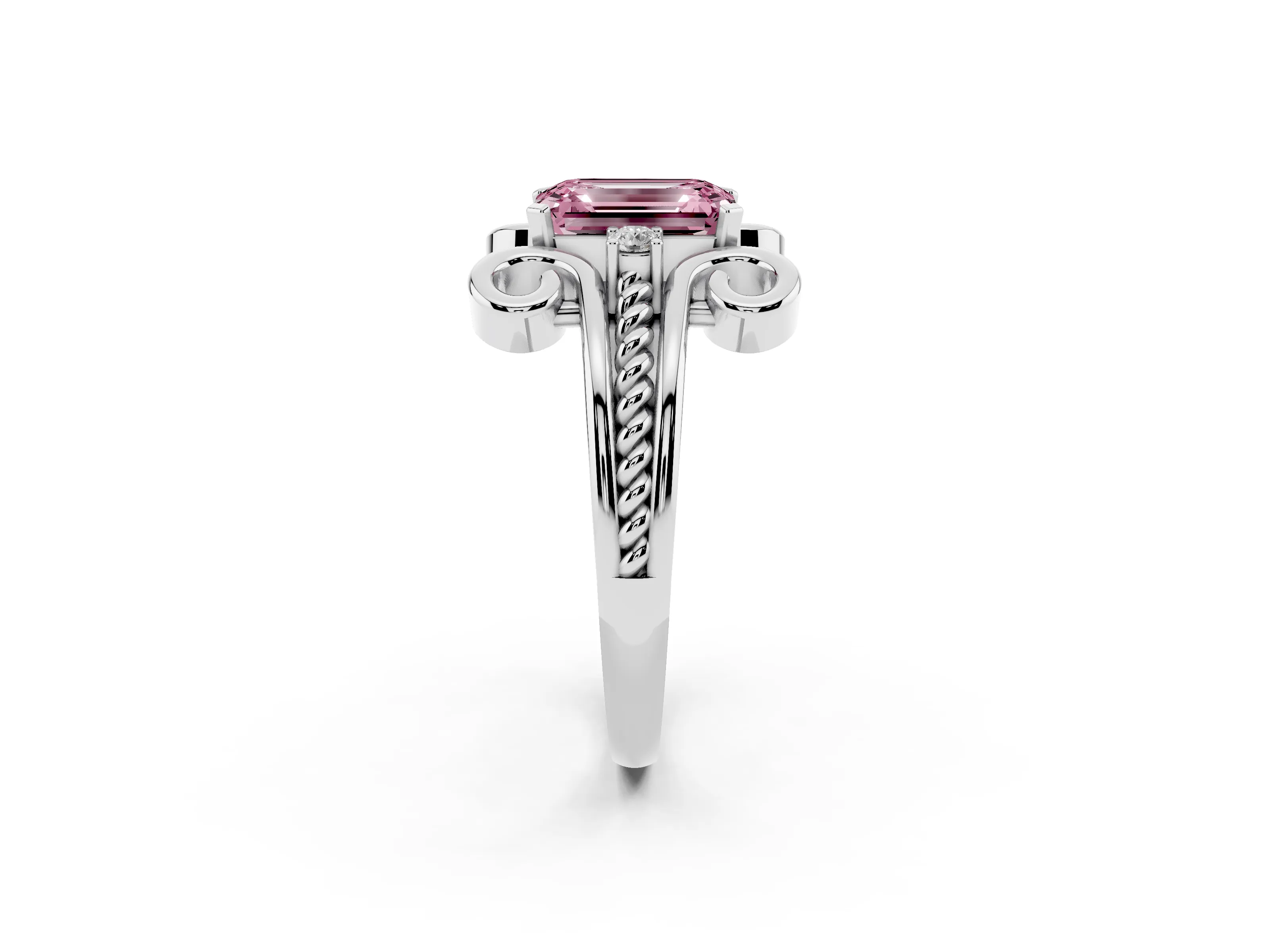 Fancy Pink Emerald Cut Diamond Twisted Band Solitaire Ring Set in Platinum with Scroll Prongs