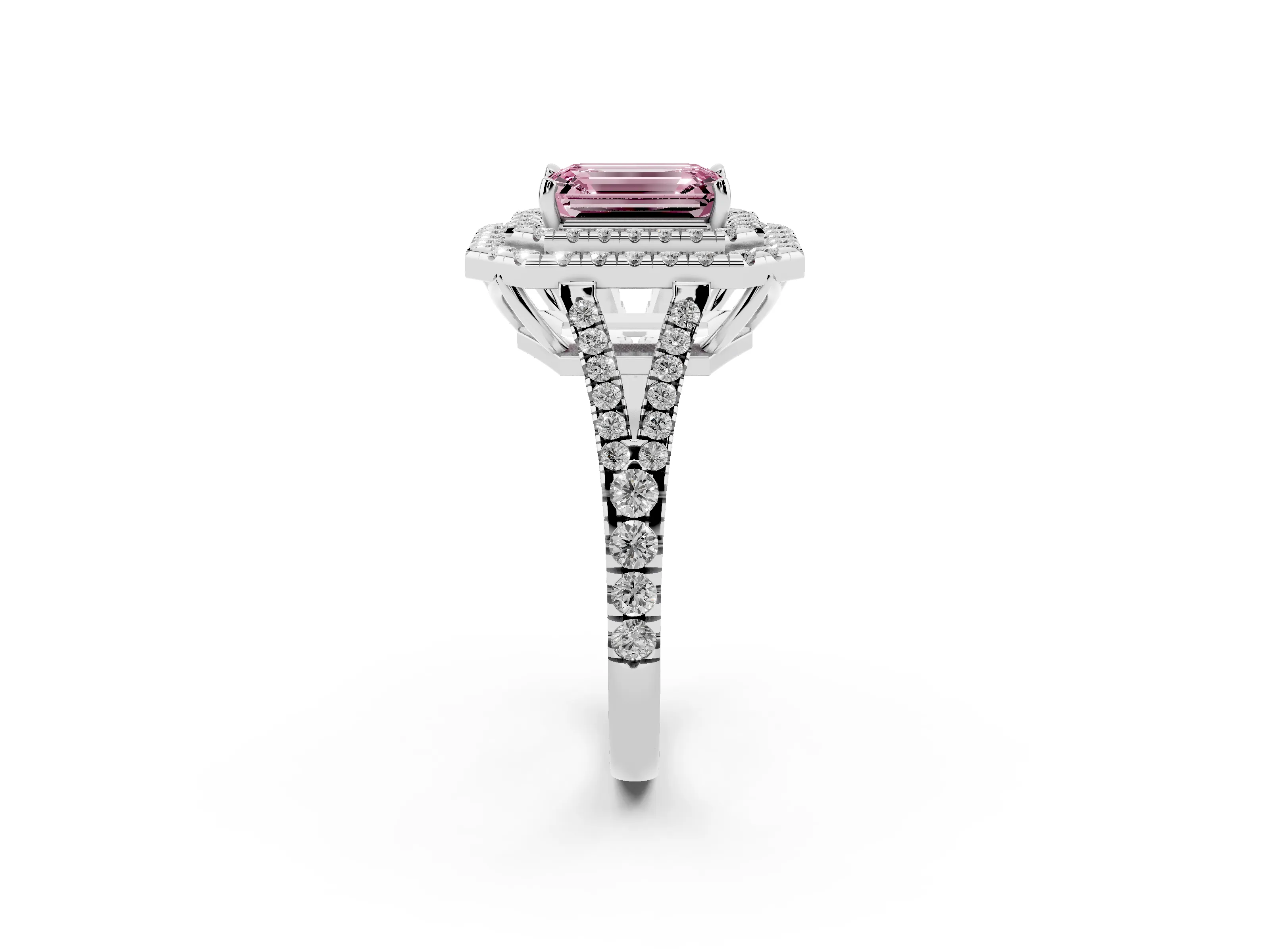 Fancy Pink Emerald Cut Diamond Double Halo Ring Set in Silver with Pavé Band