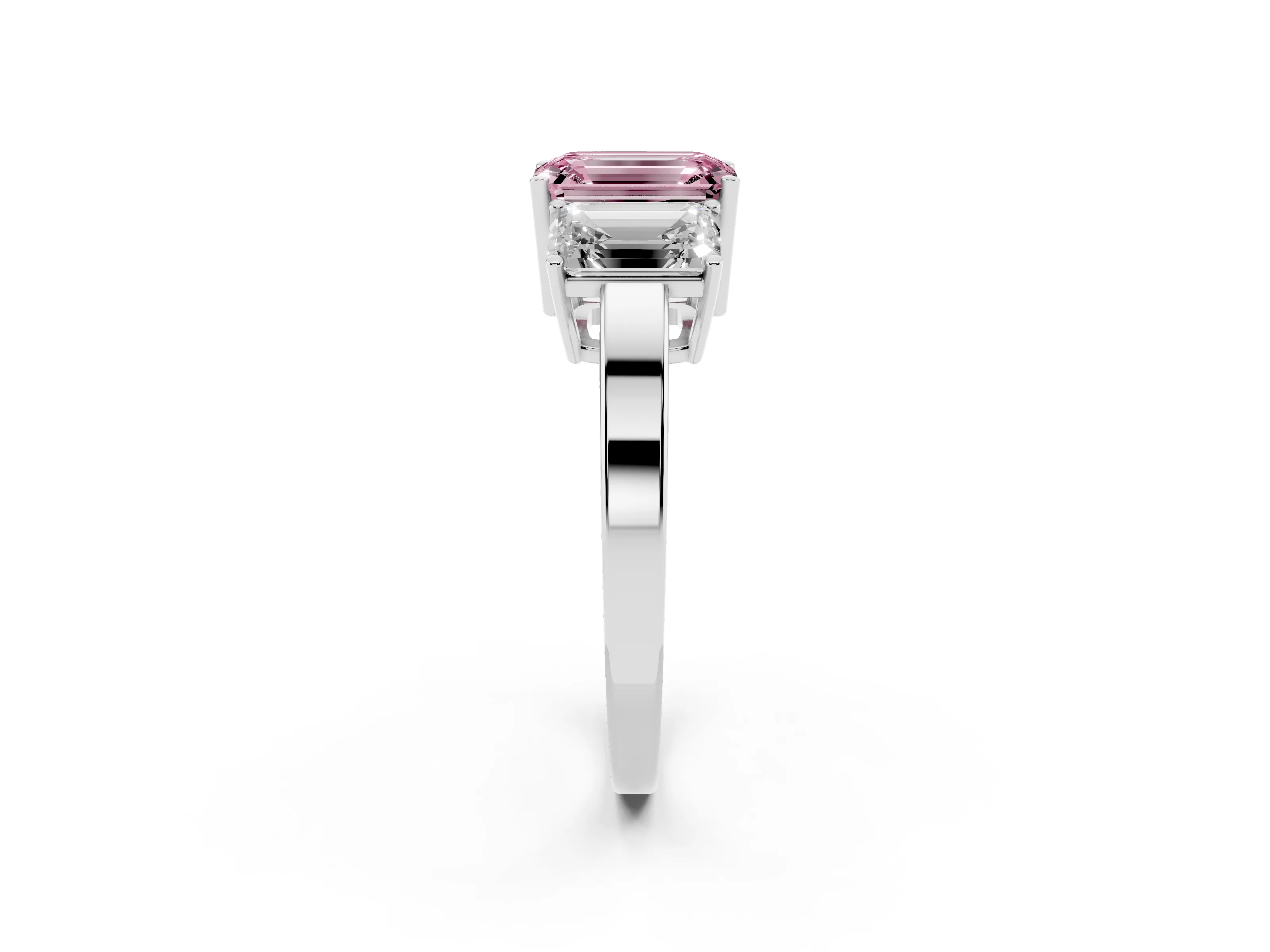Fancy Pink Emerald Cut Diamond Three-Stone Engagement Ring Set in Silver with Flat Band