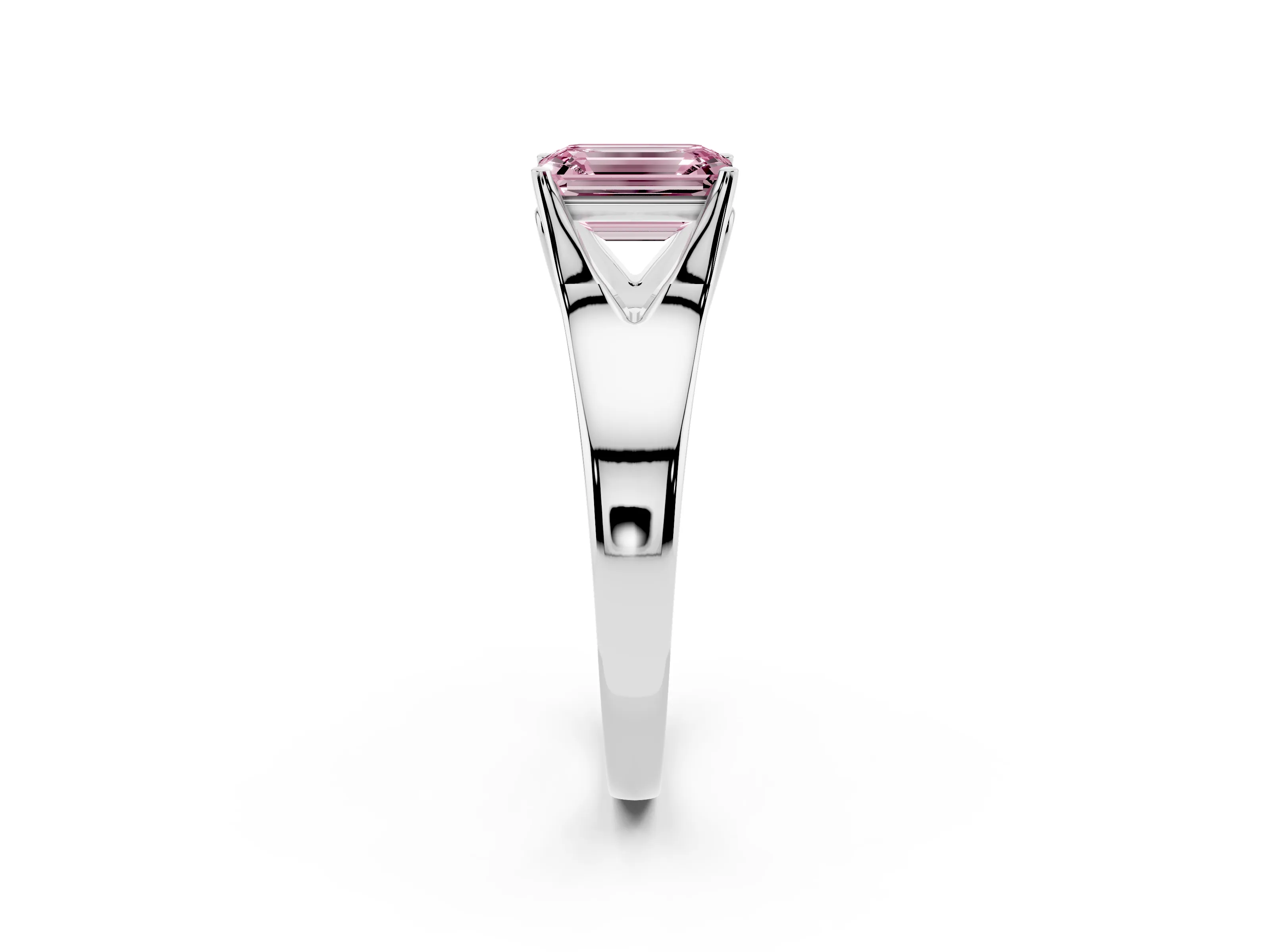 Fancy Pink Emerald Cut Diamond Solitaire Ring Set in White gold with Arched Cathedral Band and Prong Setting