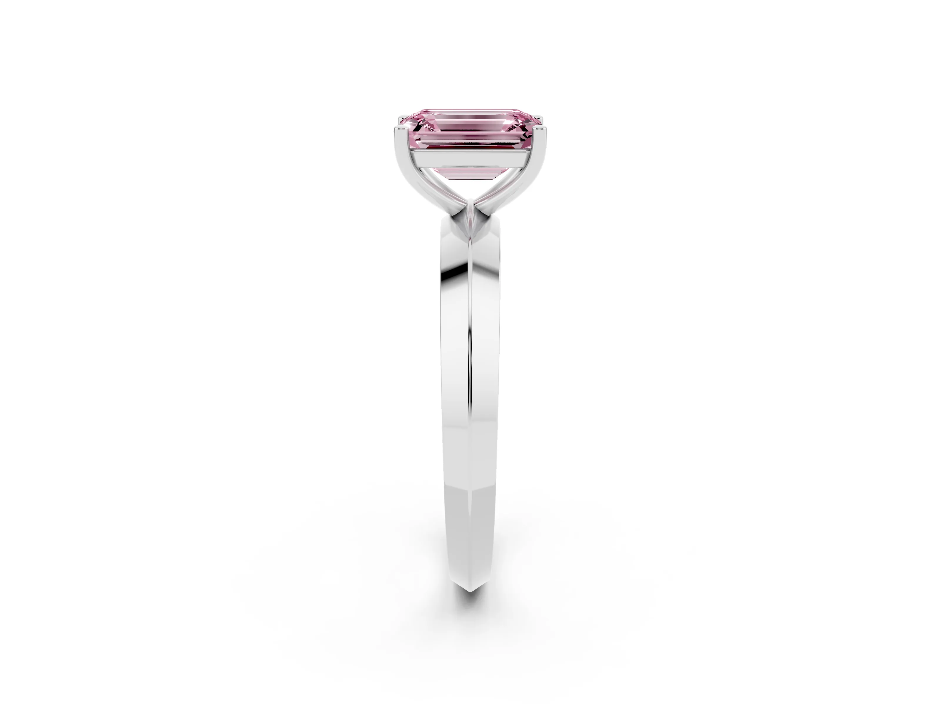Fancy Pink Emerald Cut Diamond Solitaire Engagement Ring Set in Silver with Flat Band and Prong Setting