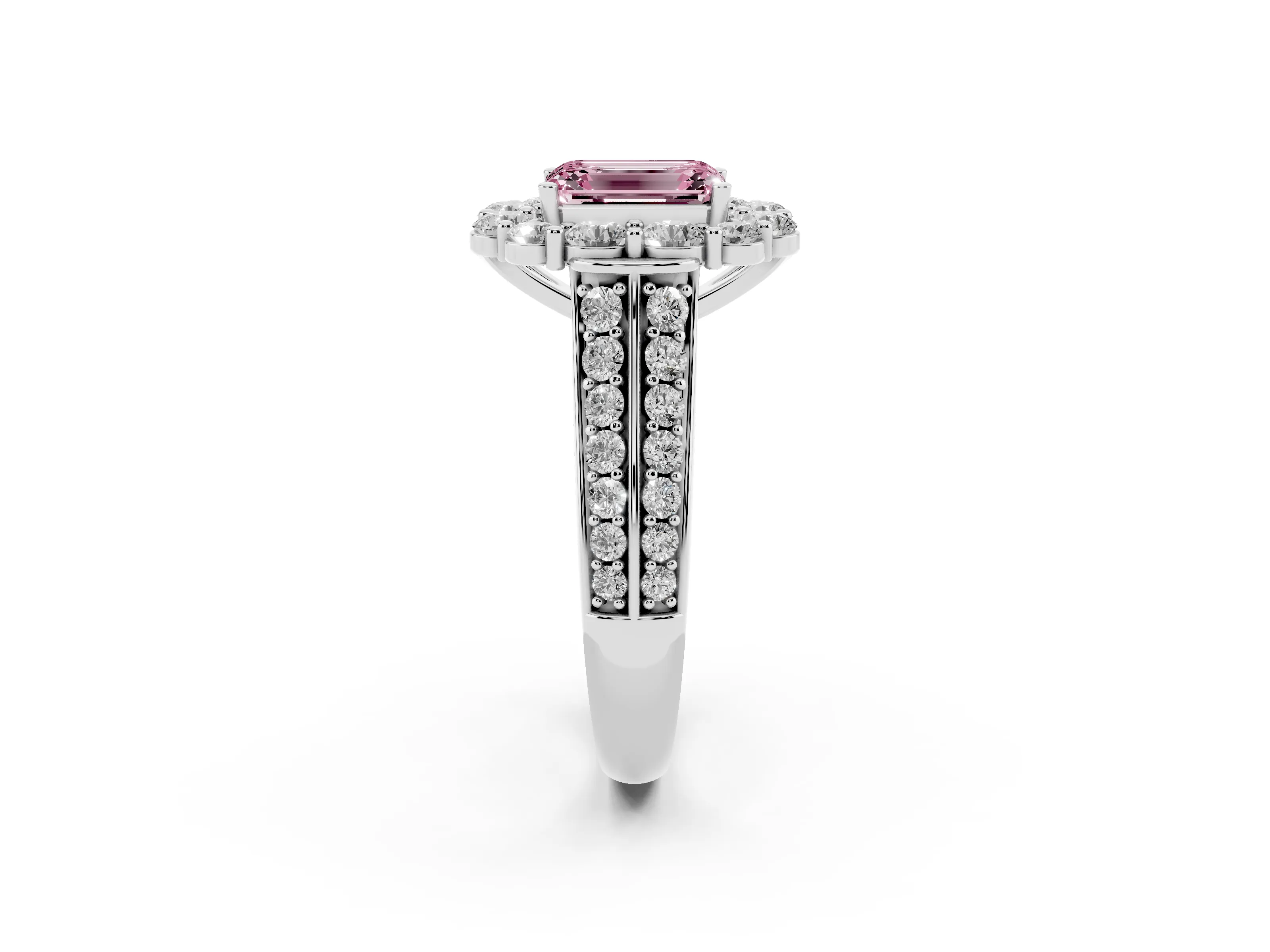 Fancy Pink Emerald Cut Diamond Halo Engagement Ring Set in Platinum with Split Shank and Prong Setting