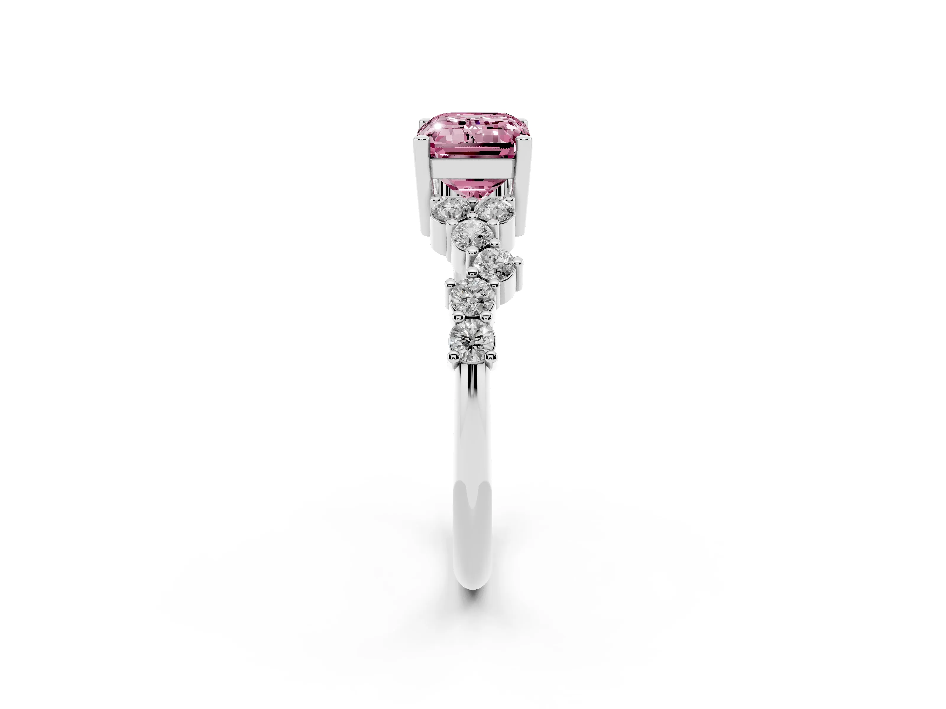Fancy Pink Emerald Cut Diamond Ring Set in Silver with Scattered Round Accents