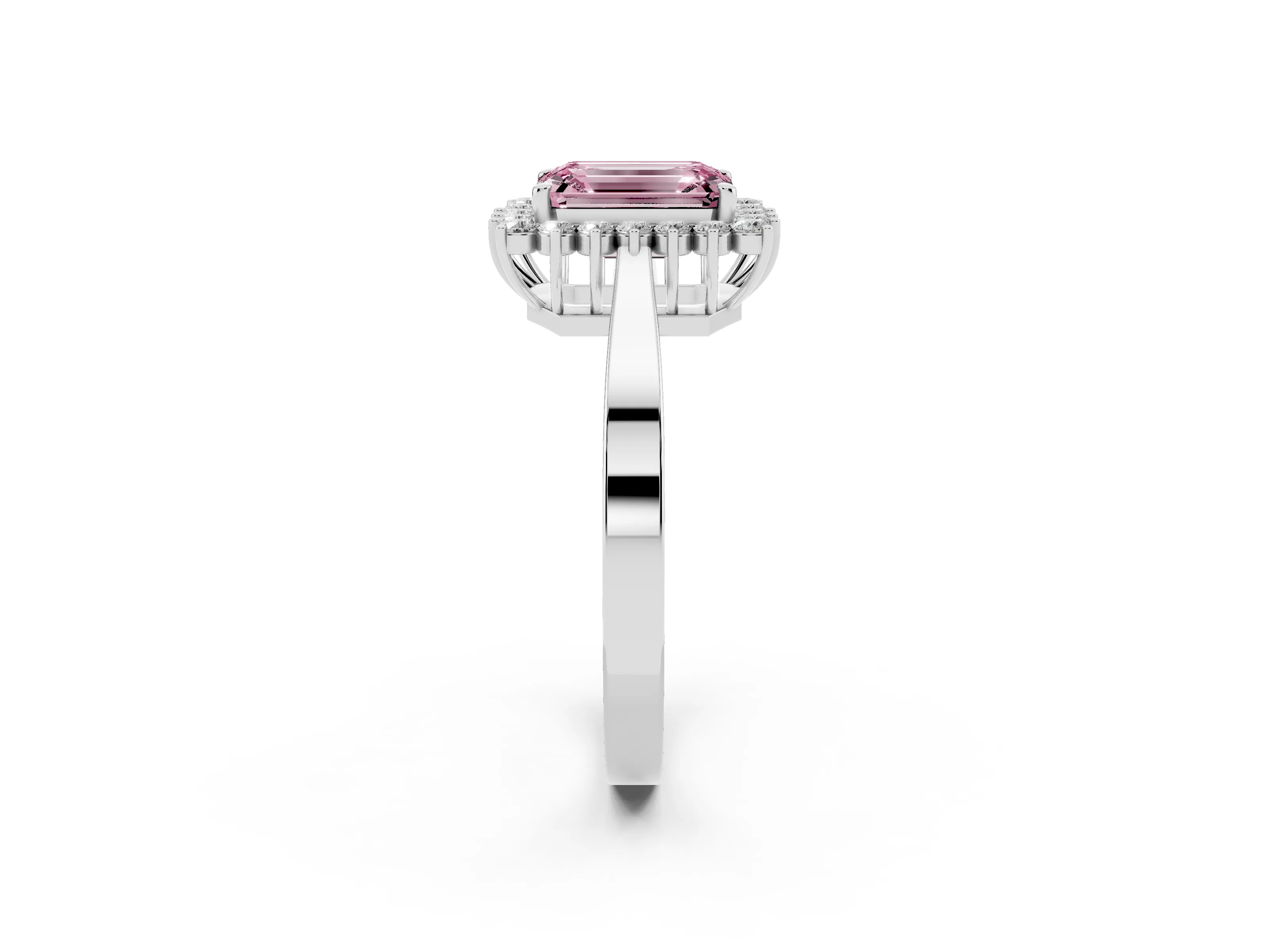 Fancy Pink Emerald Cut Diamond Halo Ring Set in Platinum with Round Halo and Smooth Solitaire Band