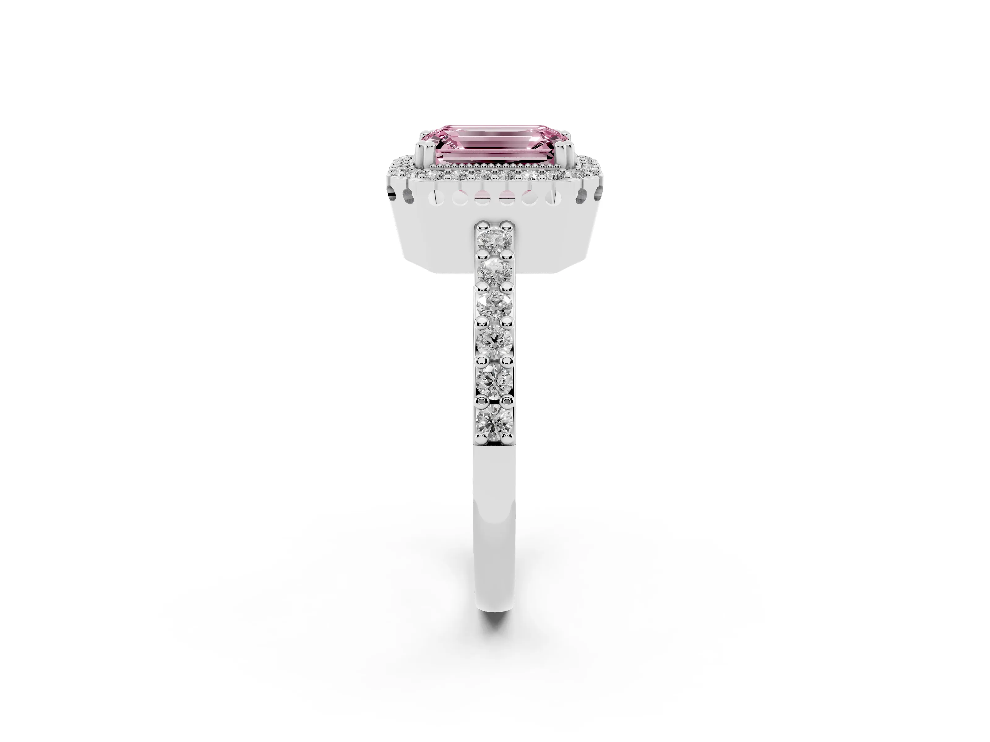 Fancy Pink Emerald Cut Diamond Halo Engagement Ring Set in White gold with Milgrain Detail and Pavé Band