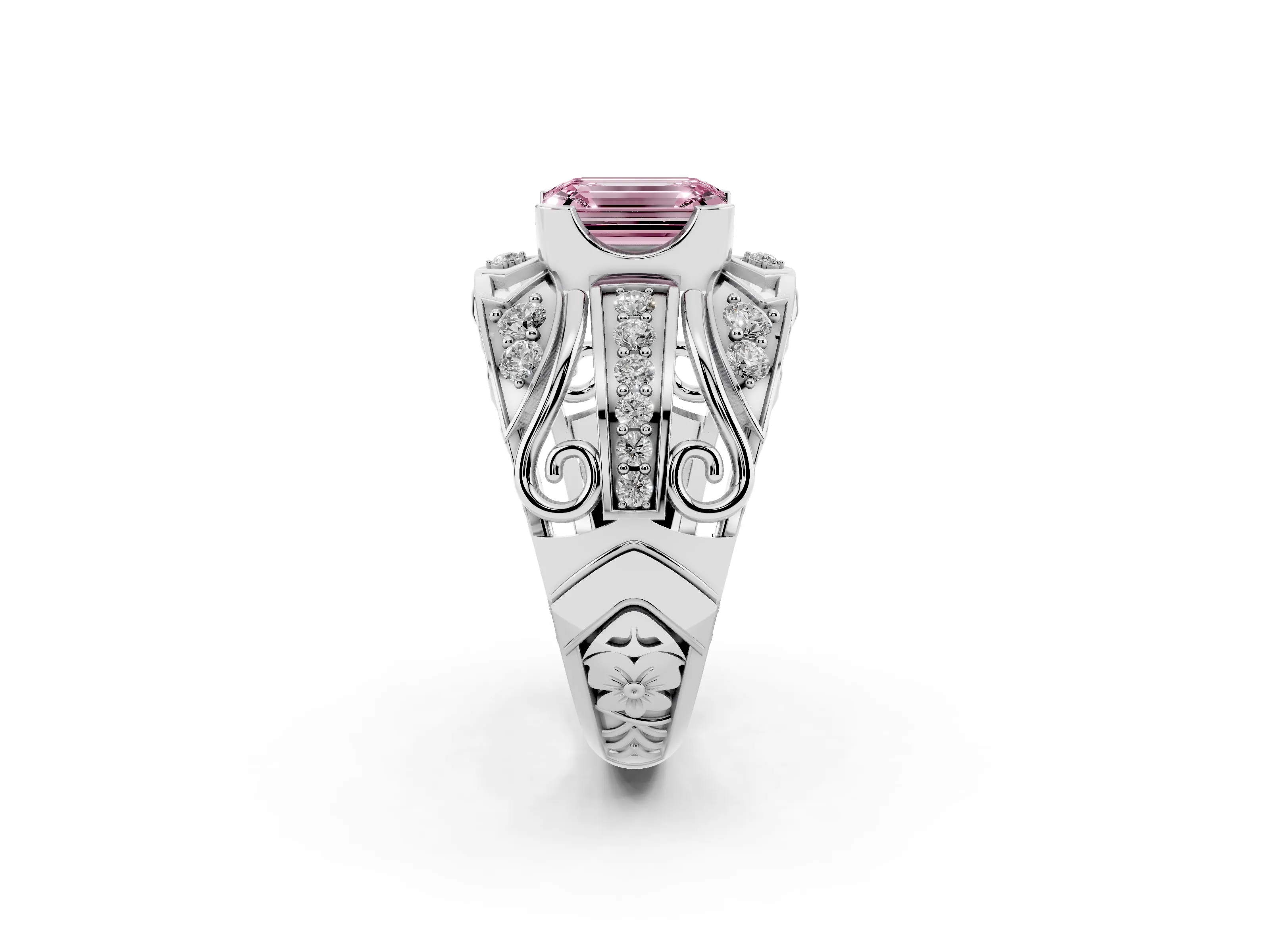 Fancy Pink Emerald Cut Diamond Art Deco Ring Set in White gold with Pavé Split Shank