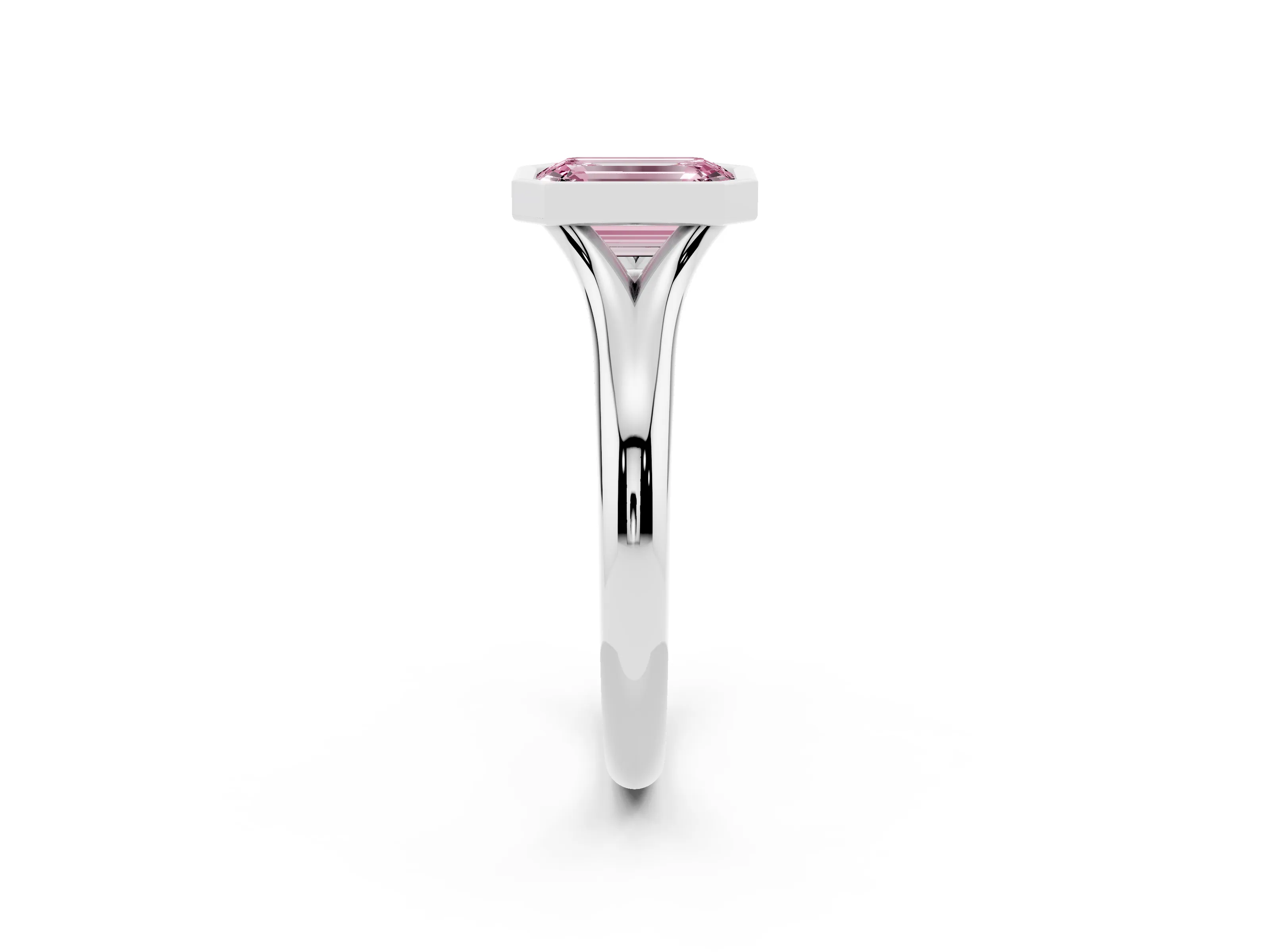 Fancy Pink Bezel Set Emerald Cut Diamond Solitaire Ring Set in White gold with Smooth Band