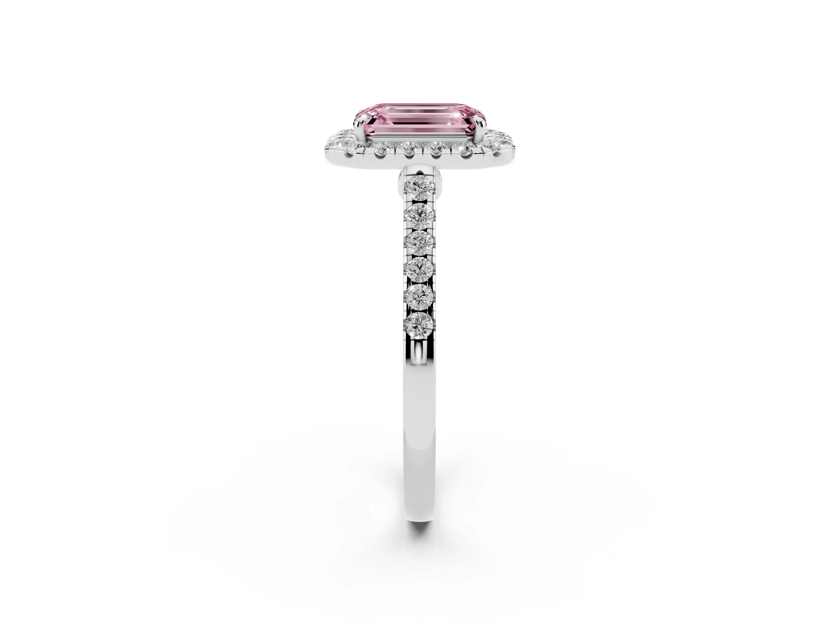 Fancy Pink Emerald Cut Diamond Halo Pavé Engagement Ring Set in Silver with Prong Setting