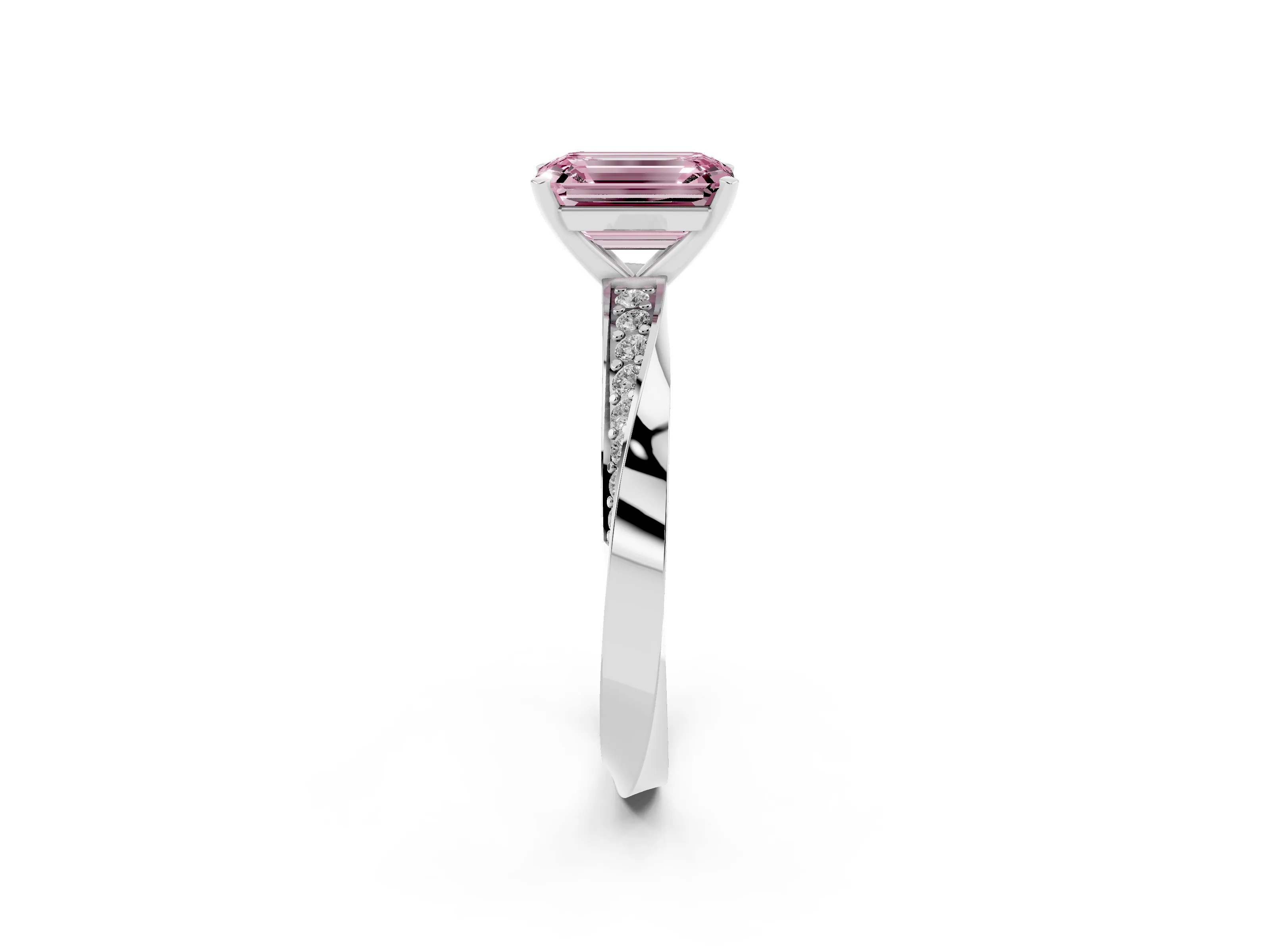 Fancy Pink Emerald Cut Diamond Engagement Ring Set in Platinum with Side Stone Accents and Prong Setting